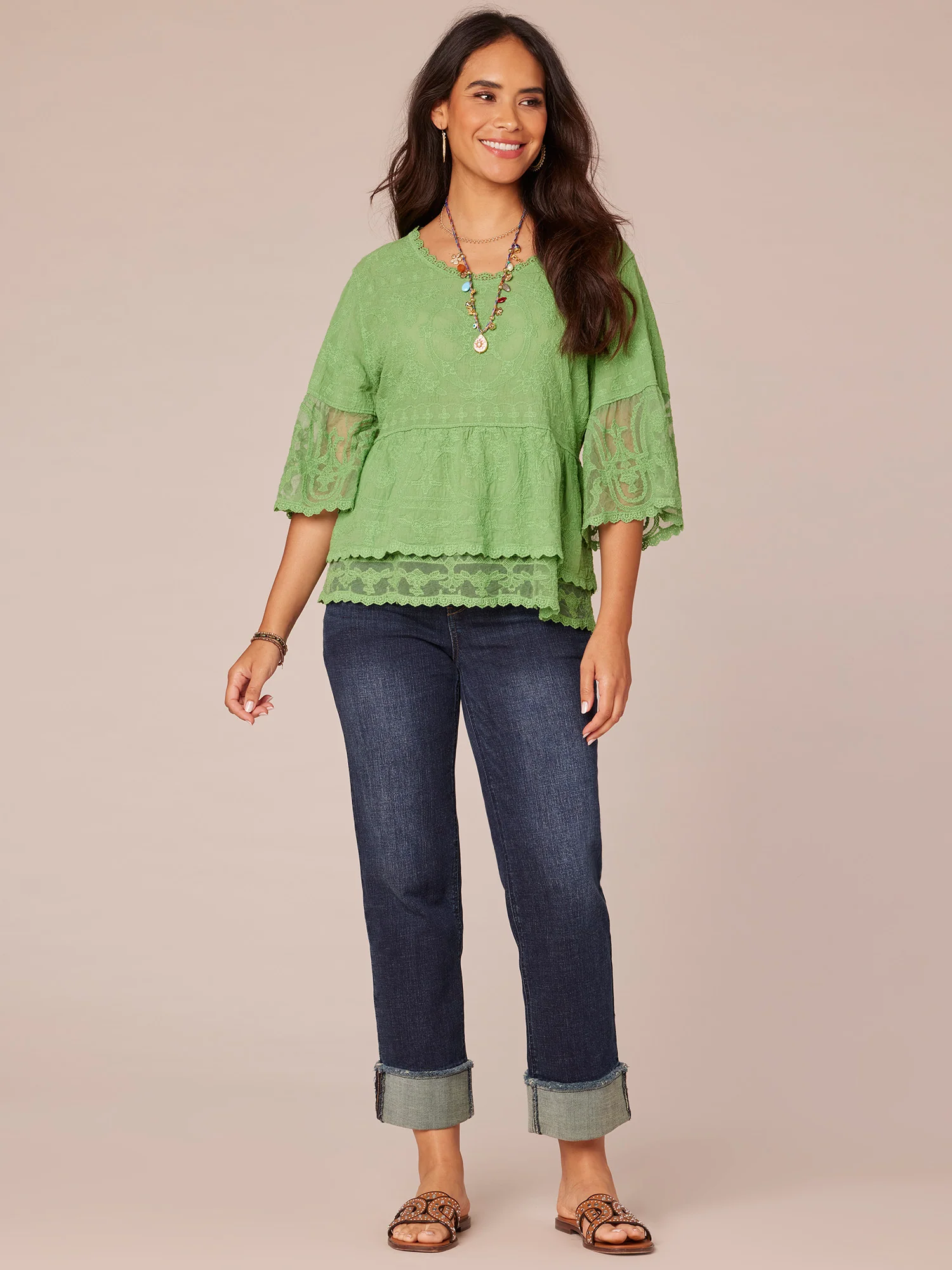 Bell Sleeve Scoop Neck Double Flounce Peplum Petite Hem Woven Top - Legahigh