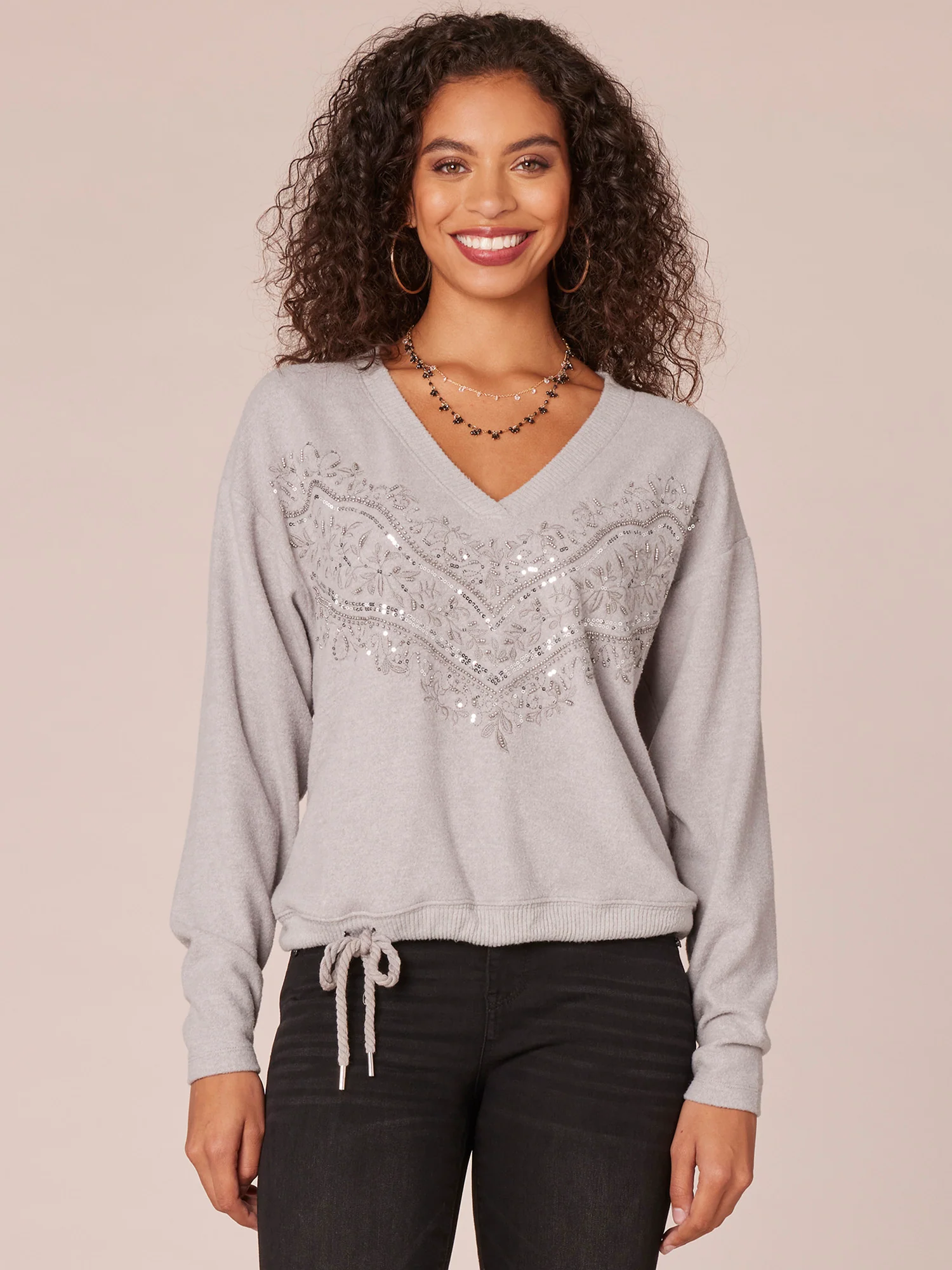Long Sleeve V-Neck Sequin Embroidered Knit Top with Tied Hem - Legahigh