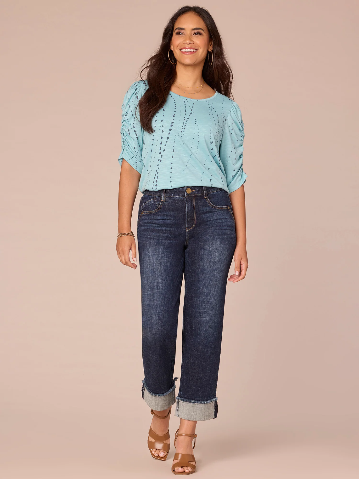 Ruched Elbow Sleeve Scoop Neck Dotted Print Keyhole Petite Knit Top - Legahigh