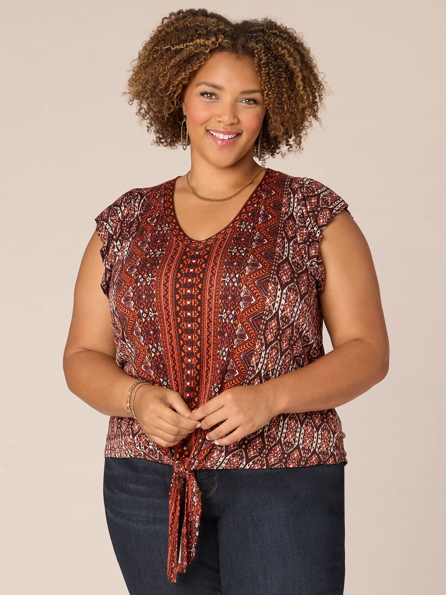 Flutter Sleeve V-Neck Tie Front Abstract Print Plus Size Knit Top - Legahigh