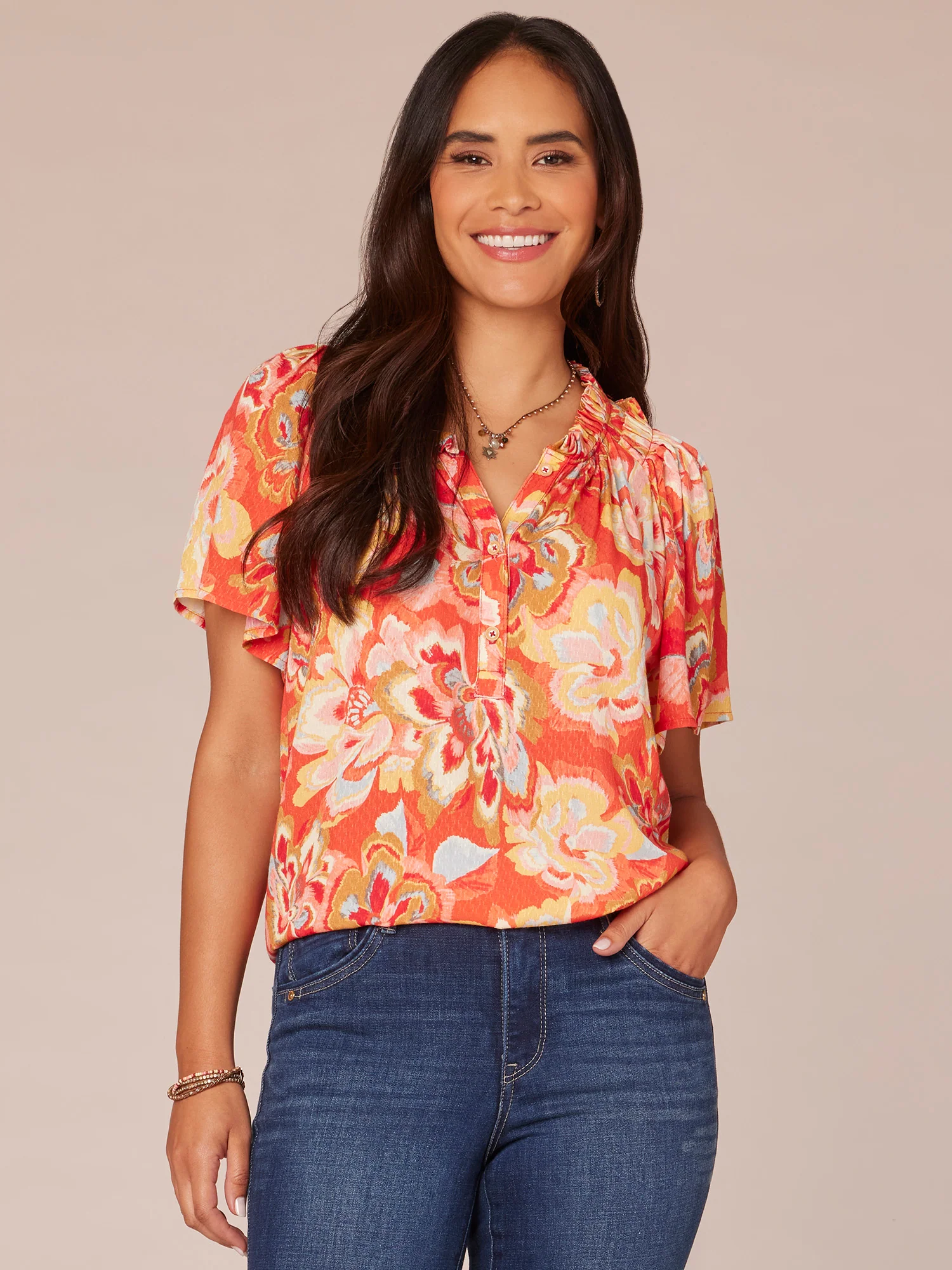 Petite Bell Sleeve V-Neck Half Button Front Floral Print Woven Top - Legahigh