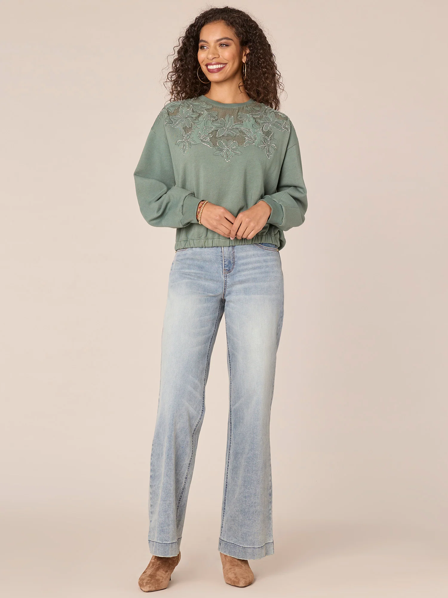 Long Sleeve Scoop Neck Die Cut Embroidered Petite Knit Top - Legahigh
