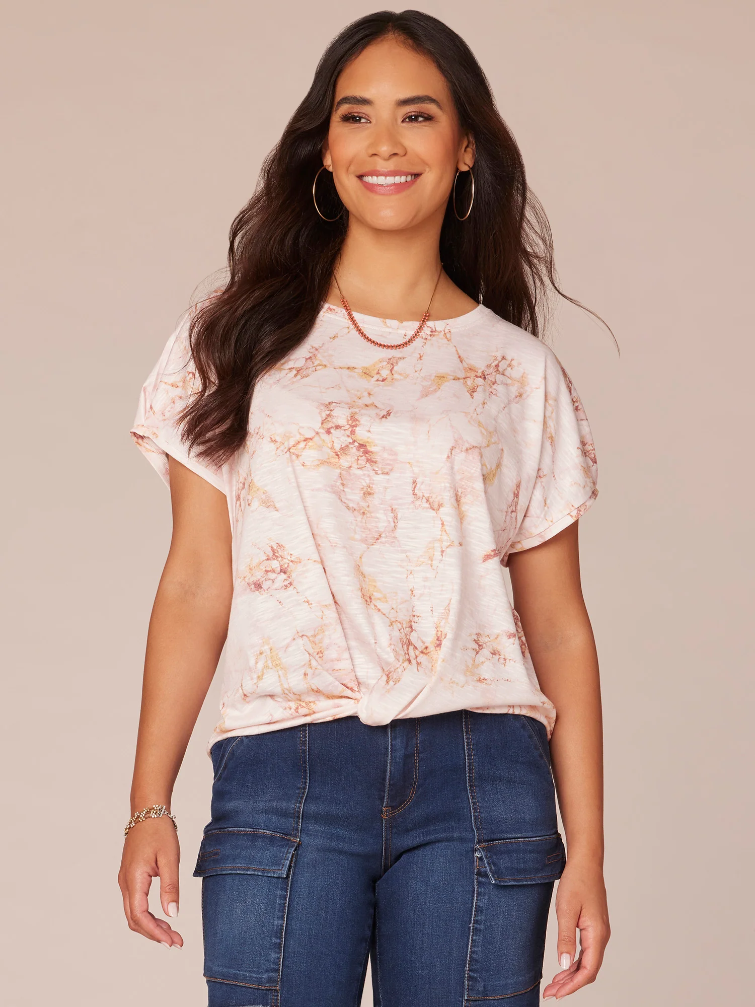 Petite Short Sleeve Scoop Neck Twist Hem Printed Knit Top - Legahigh