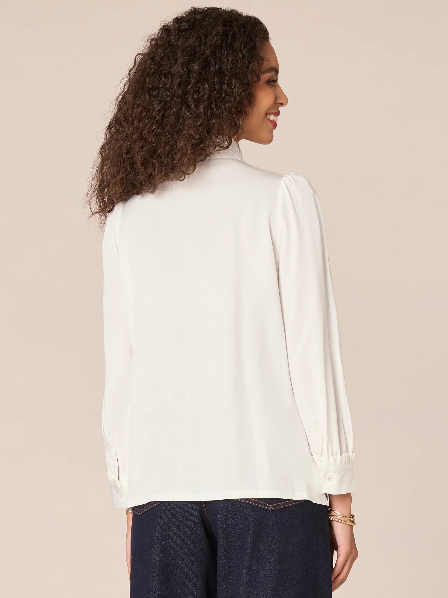 Three Quarter Puff Sleeve Stand Collar Cascading Ruffle Woven Top - Legahigh