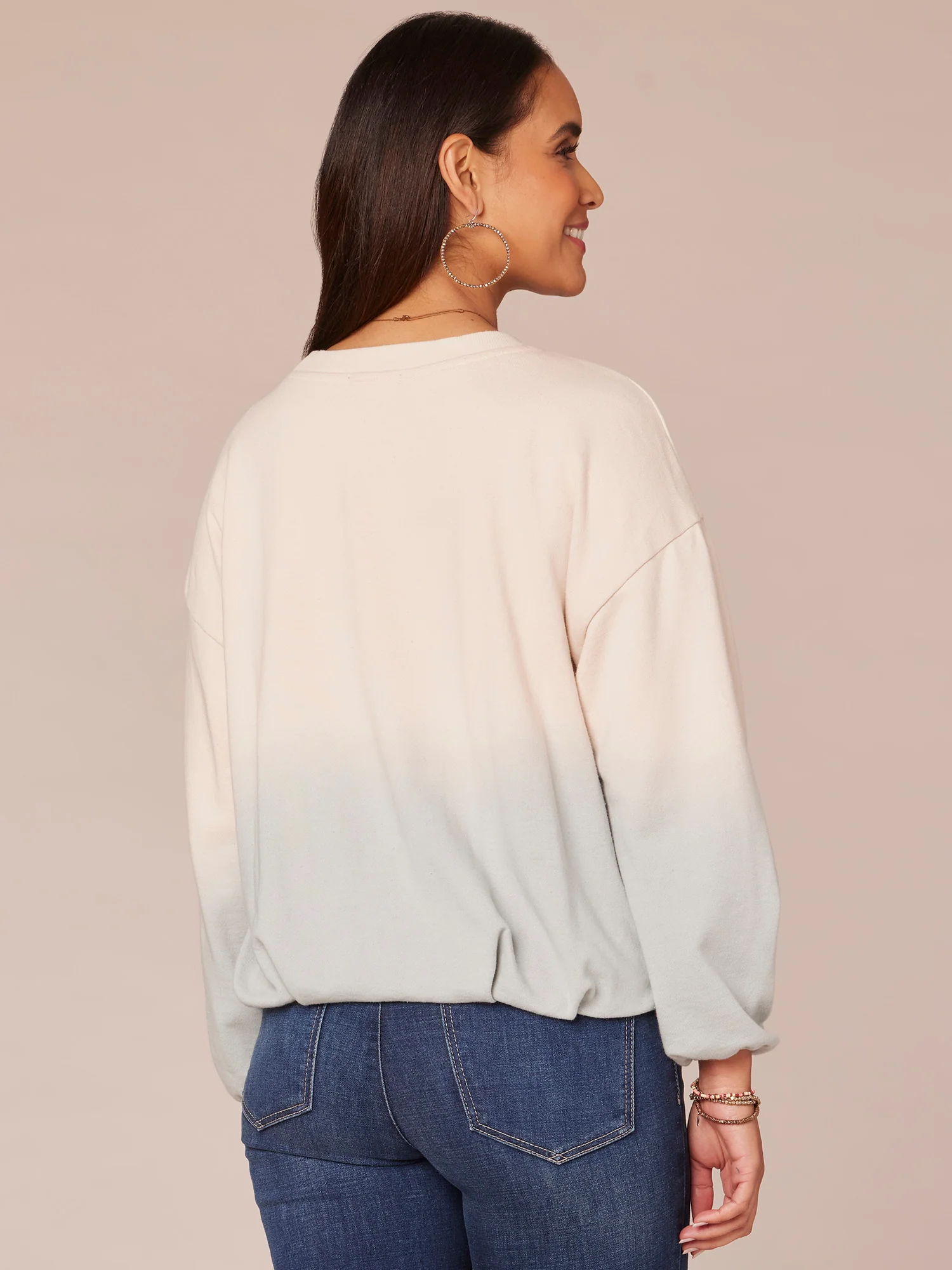 Long Sleeve Crew Neck Dip Dye Screen Print Bubble Hem Knit Sweatshirt - Legahigh