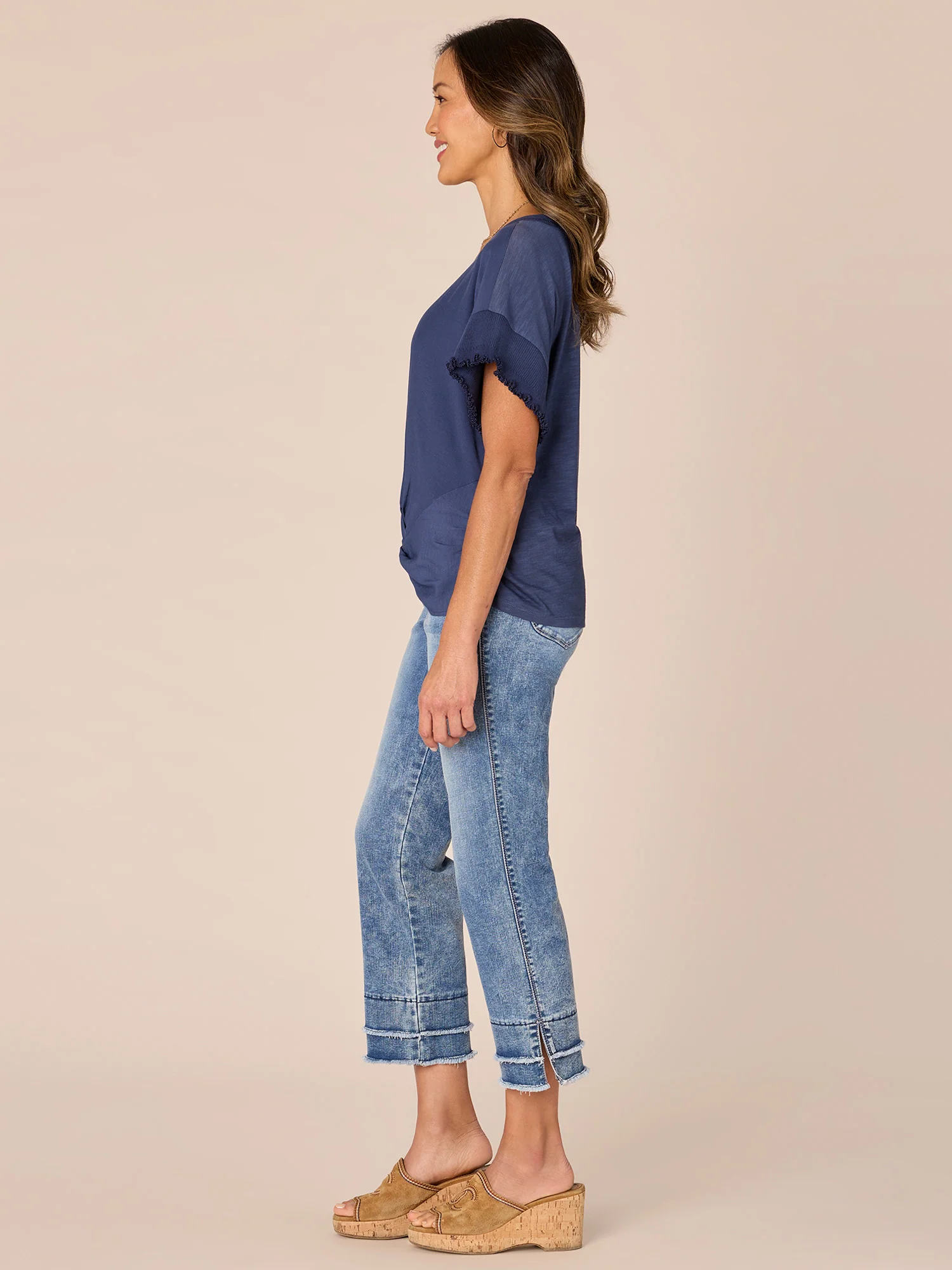 Extended Short Sleeve Round Neck Woven Top with Metallic Tipping - Legahigh