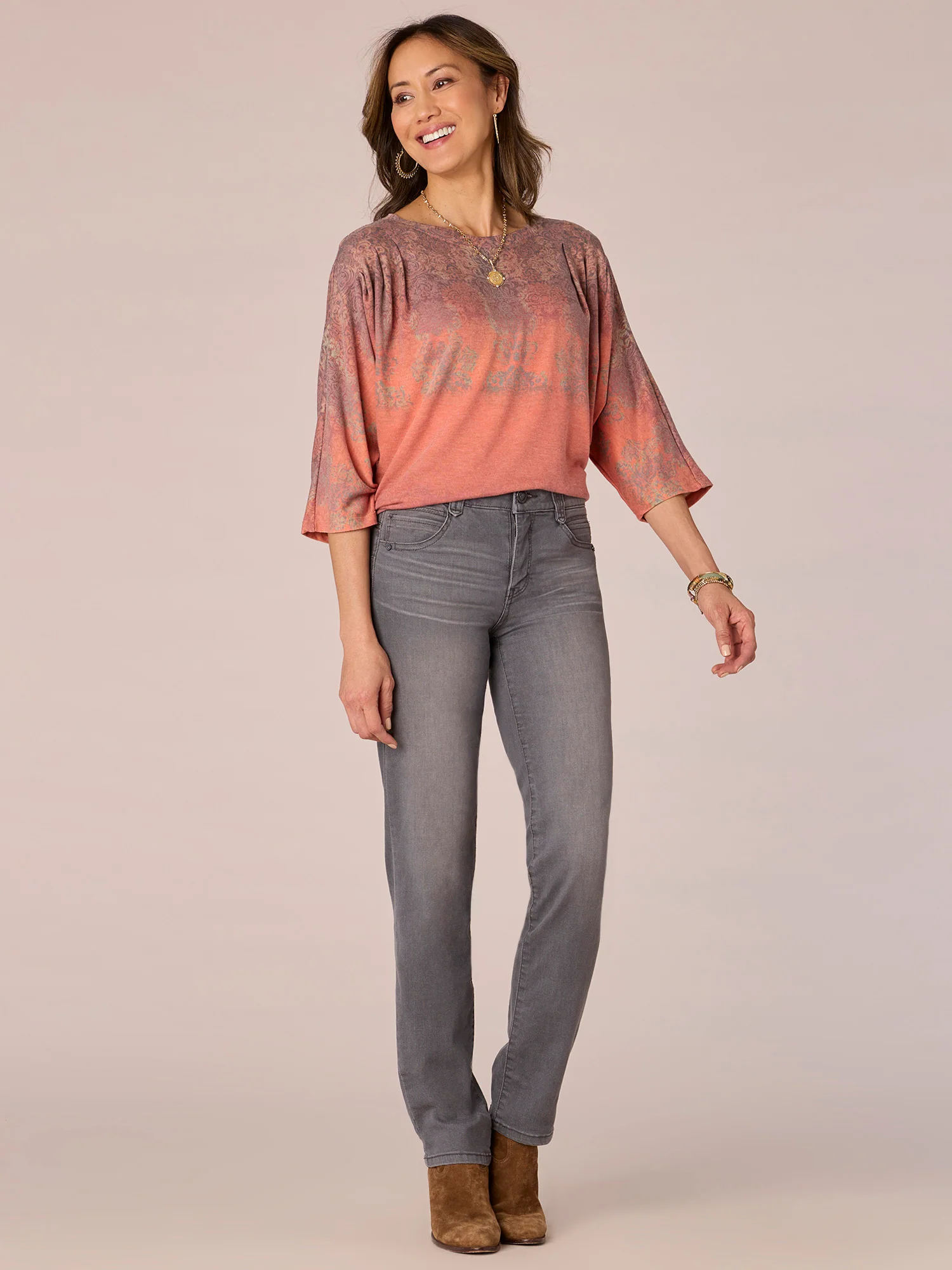 Dolman Sleeve Pleated Shoulder Scoop Neck Ombre Print Petite Knit Top - Legahigh