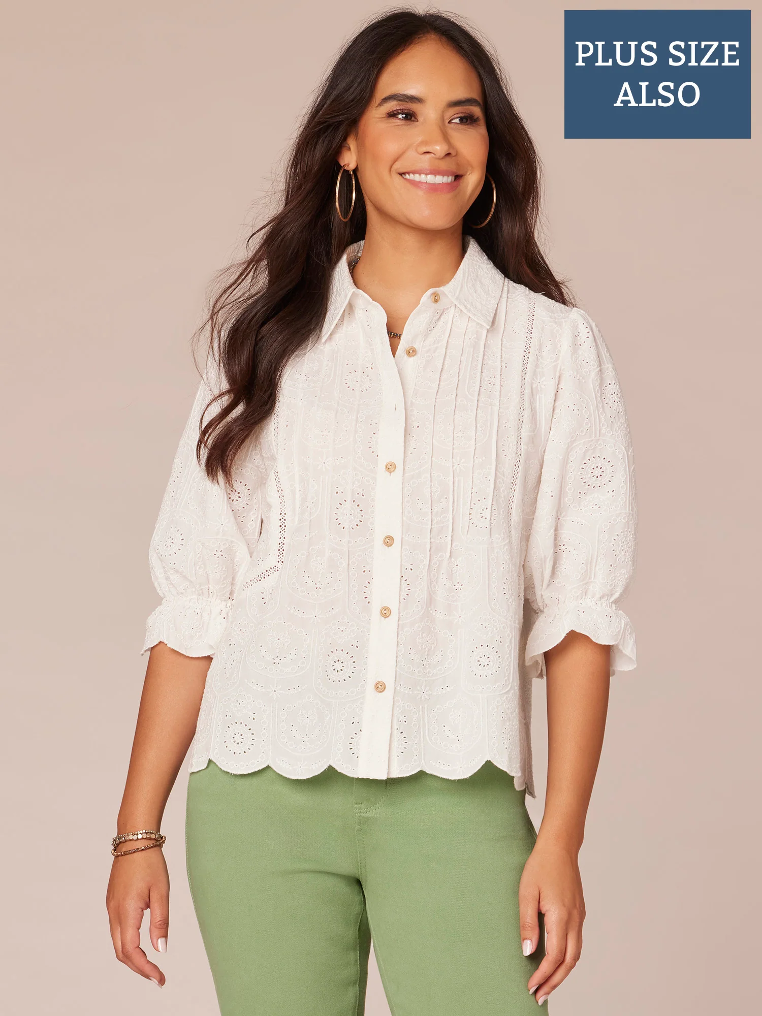 Blouson Sleeve Collared Button Down Crochet Plus Size Woven Top - Legahigh