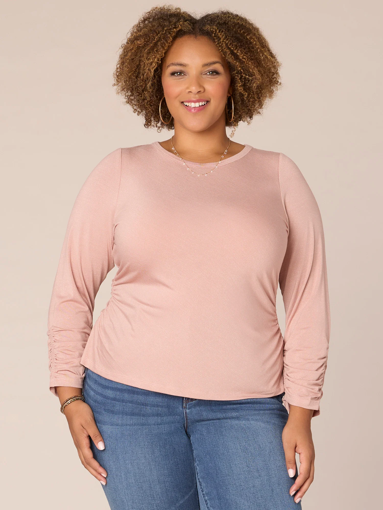 Three Quarter Ruched Sleeve Scoop Neck Plus Size Knit Top - Legahigh