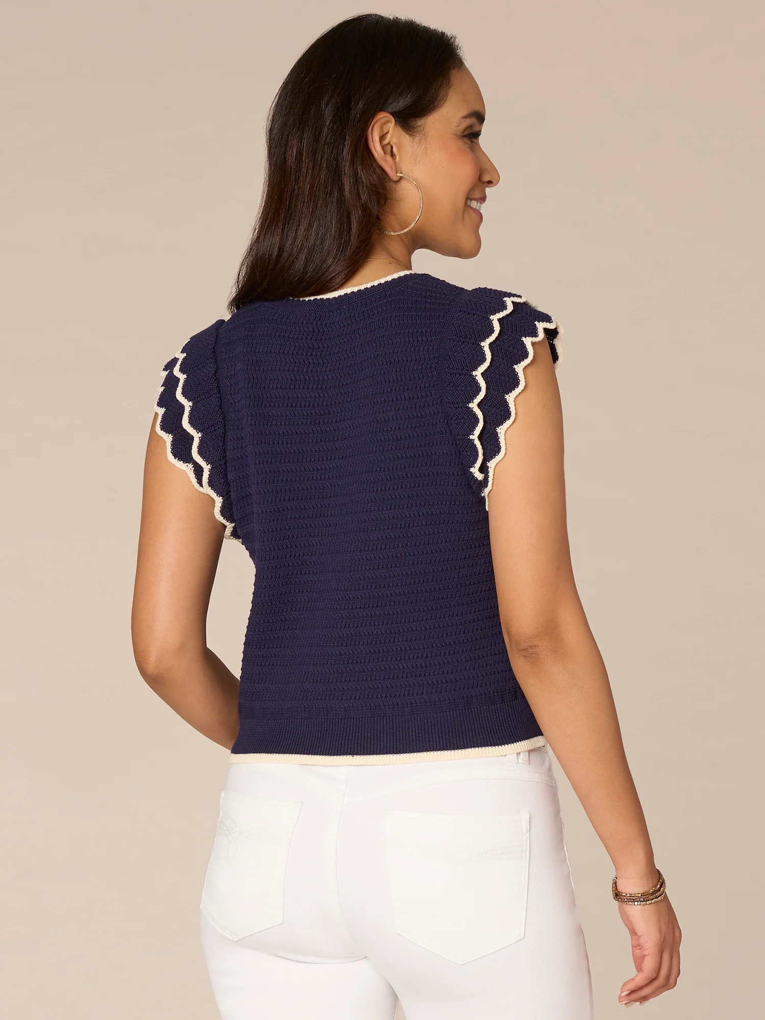 Short Double Scallop Sleeve Round Neck Contrast Tipping Sweater Top - Legahigh