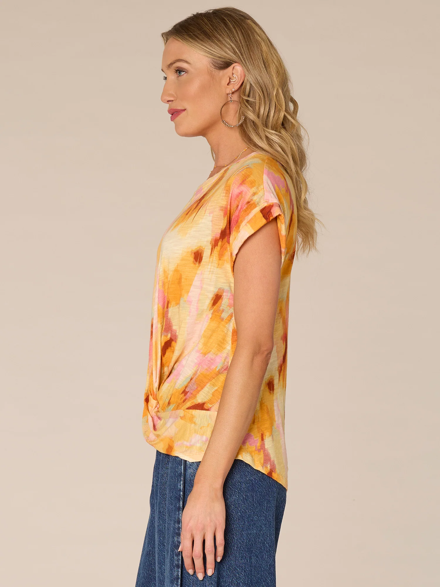 Roll Cuff Sleeve Scoop Neck Printed Twist Hem Petite Knit Top - Legahigh