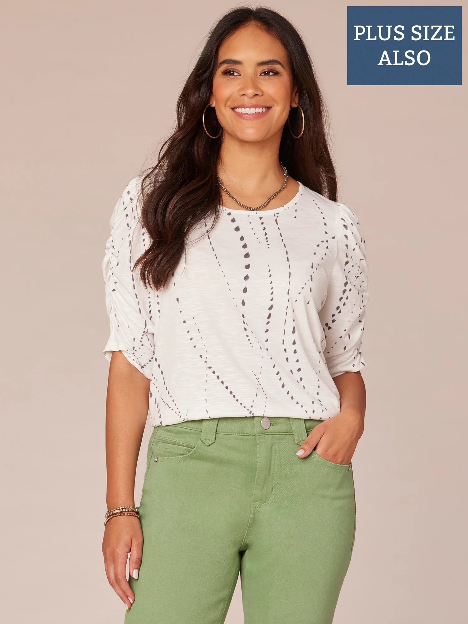 Ruched Elbow Sleeve Scoop Neck Dot Print Plus Knit Top - Legahigh