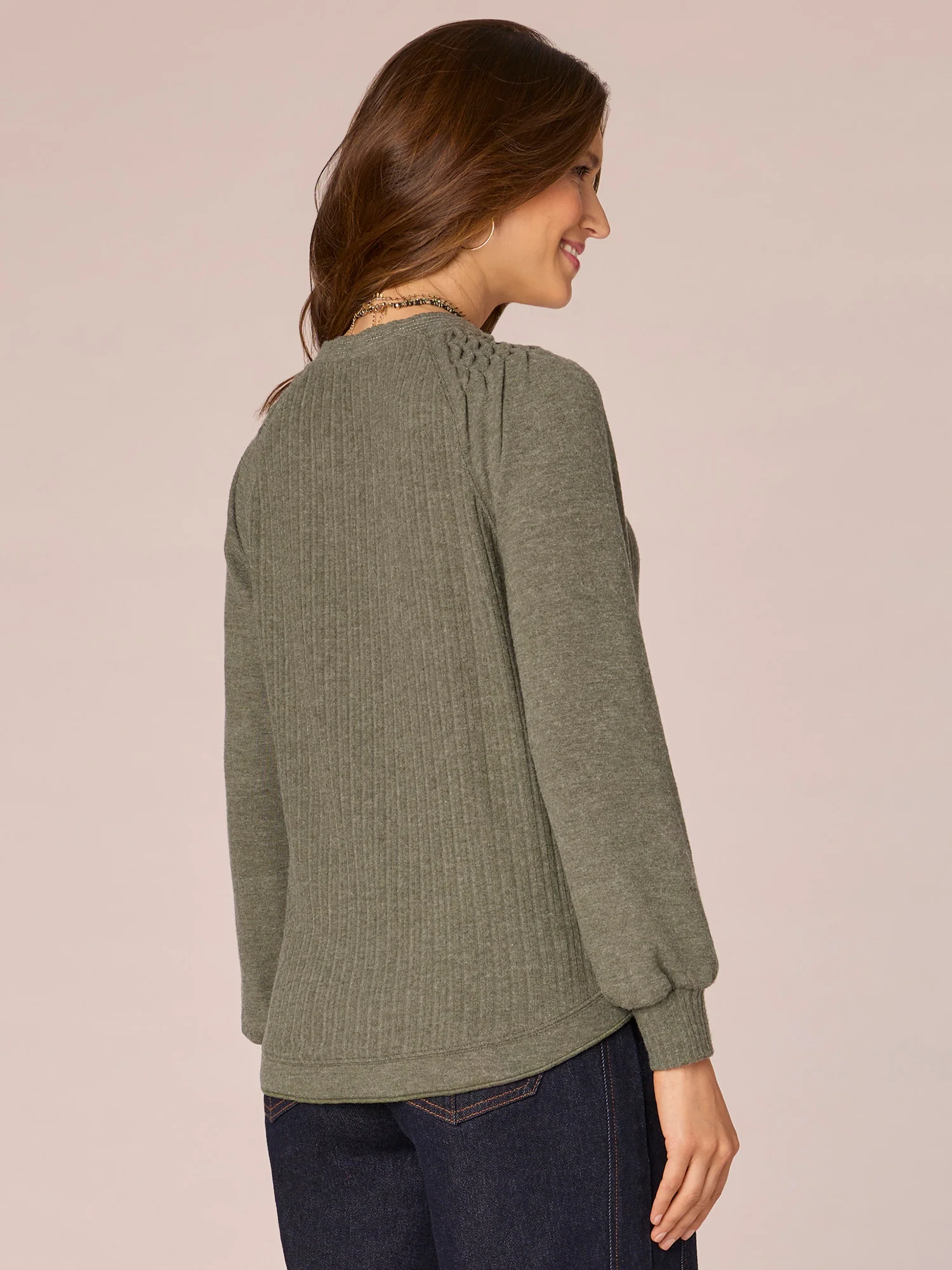 Long Blouson Sleeve Mandarin Collar V-Placket Petite Knit Top - Legahigh