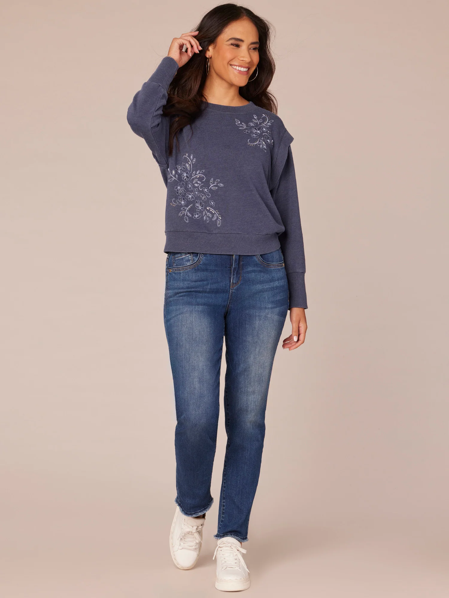 Long Flange Sleeve Scoop Neck Embroidered Banded Hem Petite Knit Top - Legahigh