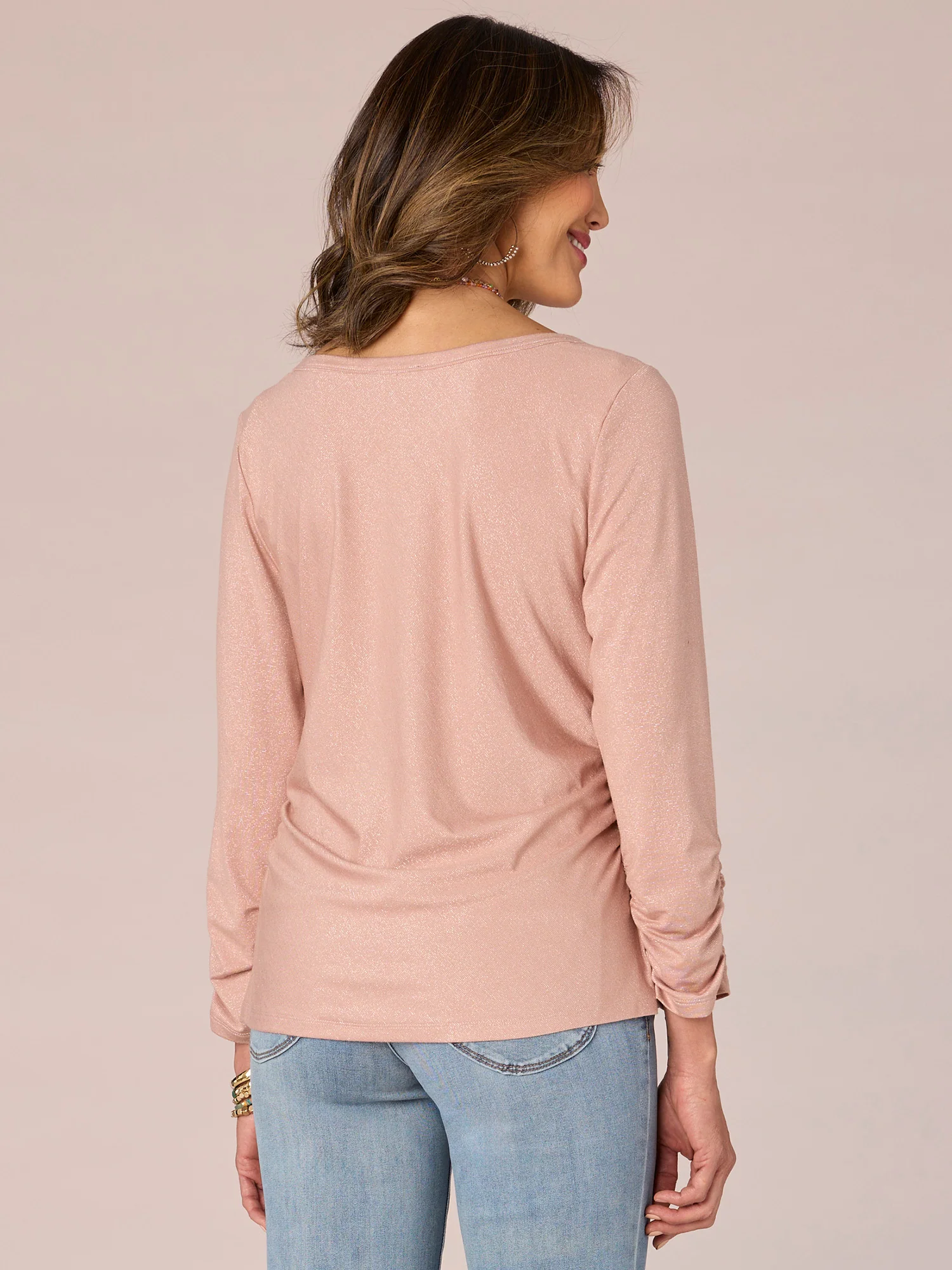 Three Quarter Sleeve Scoop Neck Ruched Side Shiny Petite Knit Top - Legahigh