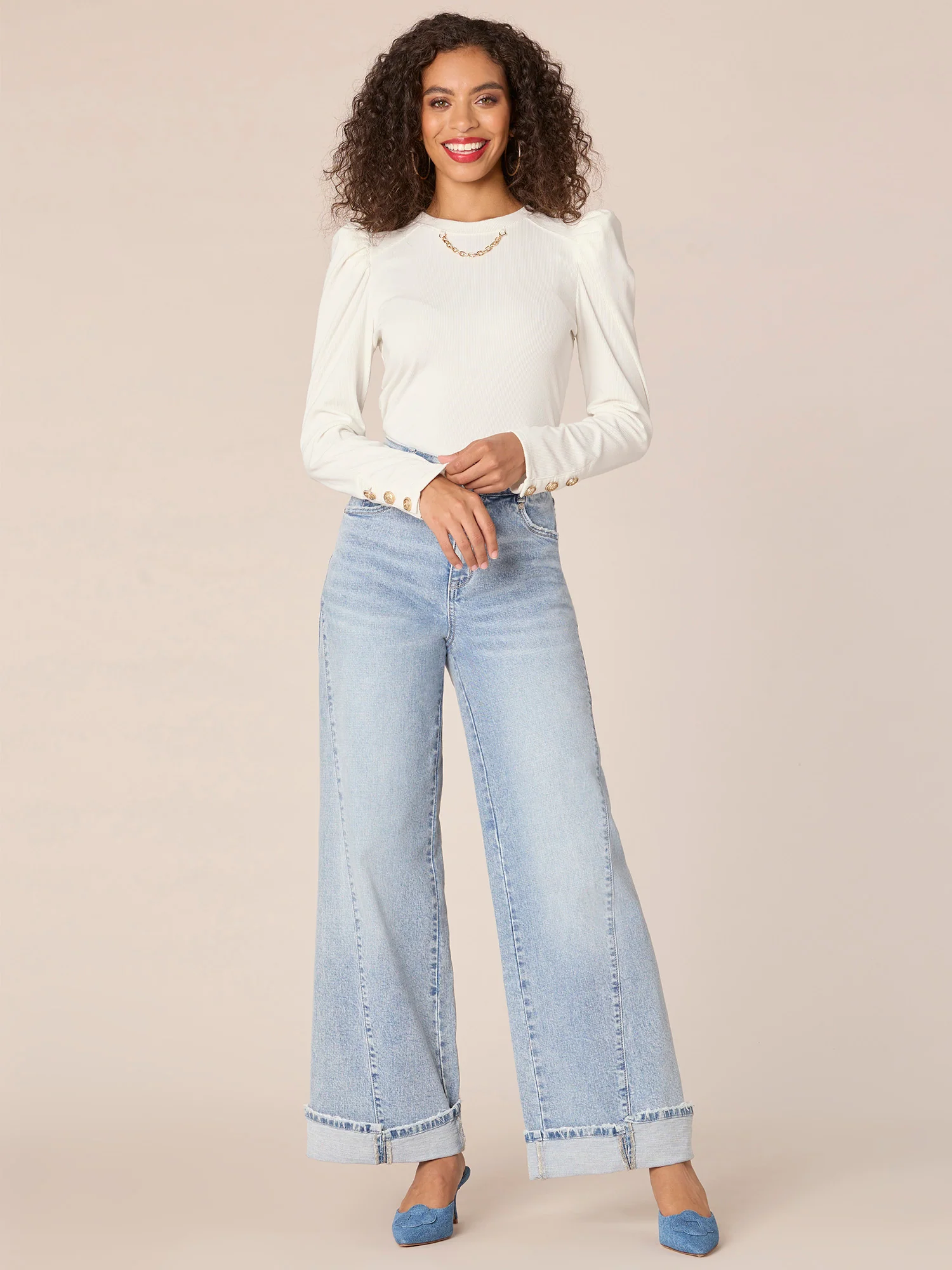 Long Sleeve Crew Neck Button Placket Knit Top with Chain Detail - Legahigh