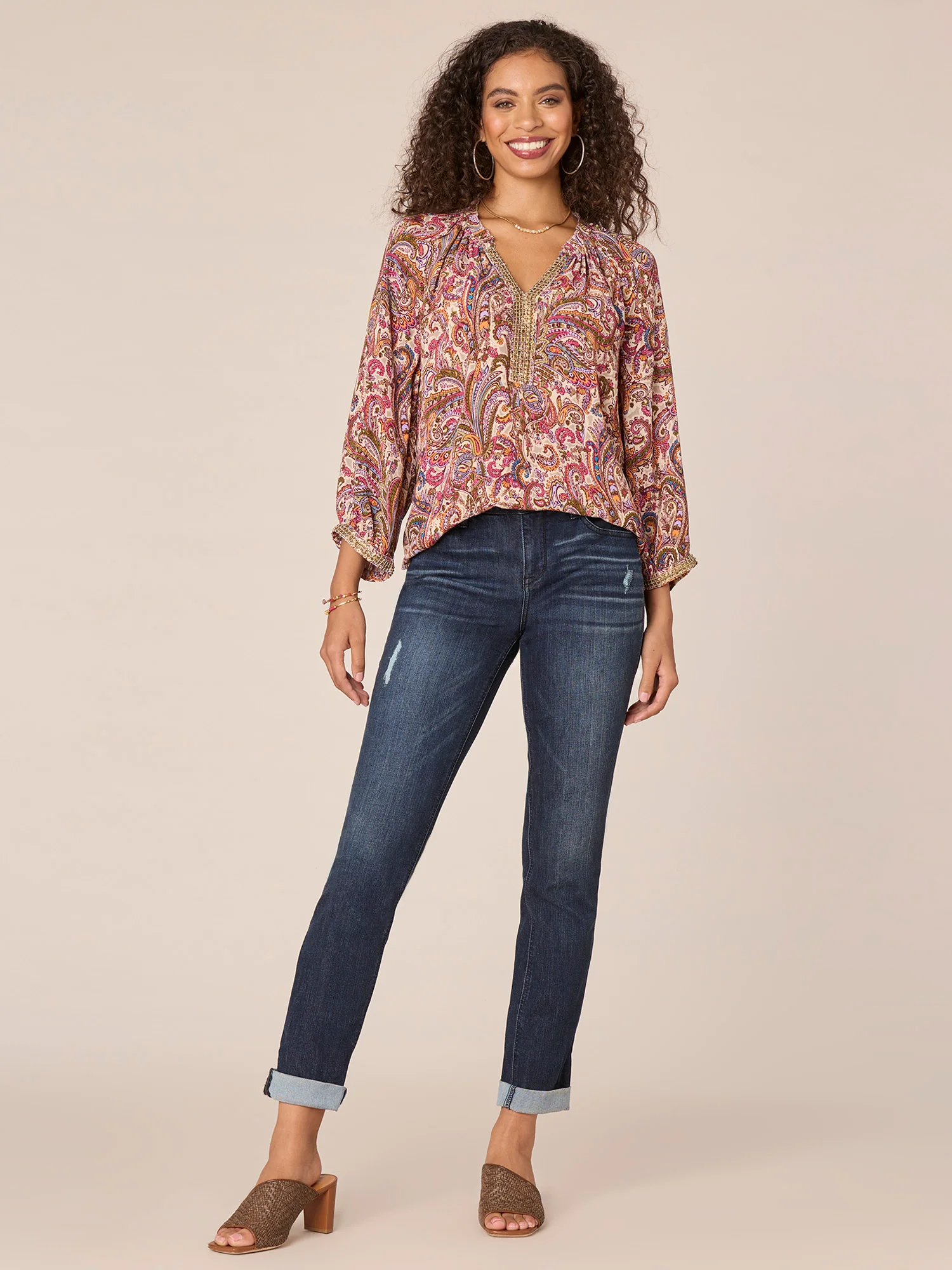 Three Quarter Blouson Sleeve Ruffle Split V-Neck Printed Woven Top - Legahigh