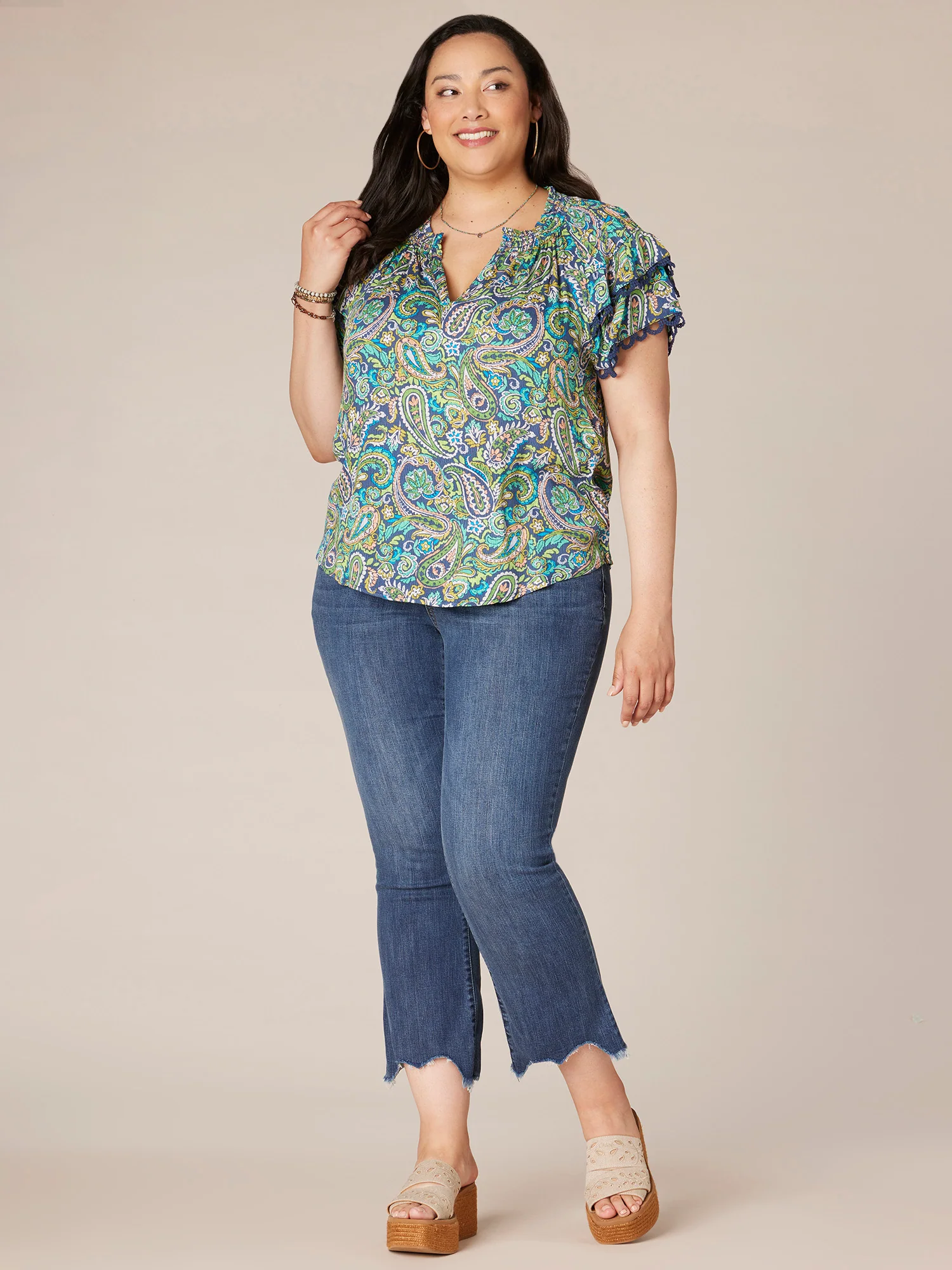 Double Flounce Sleeve V-Neck Paisley Printed Plus Size Woven Top - Legahigh