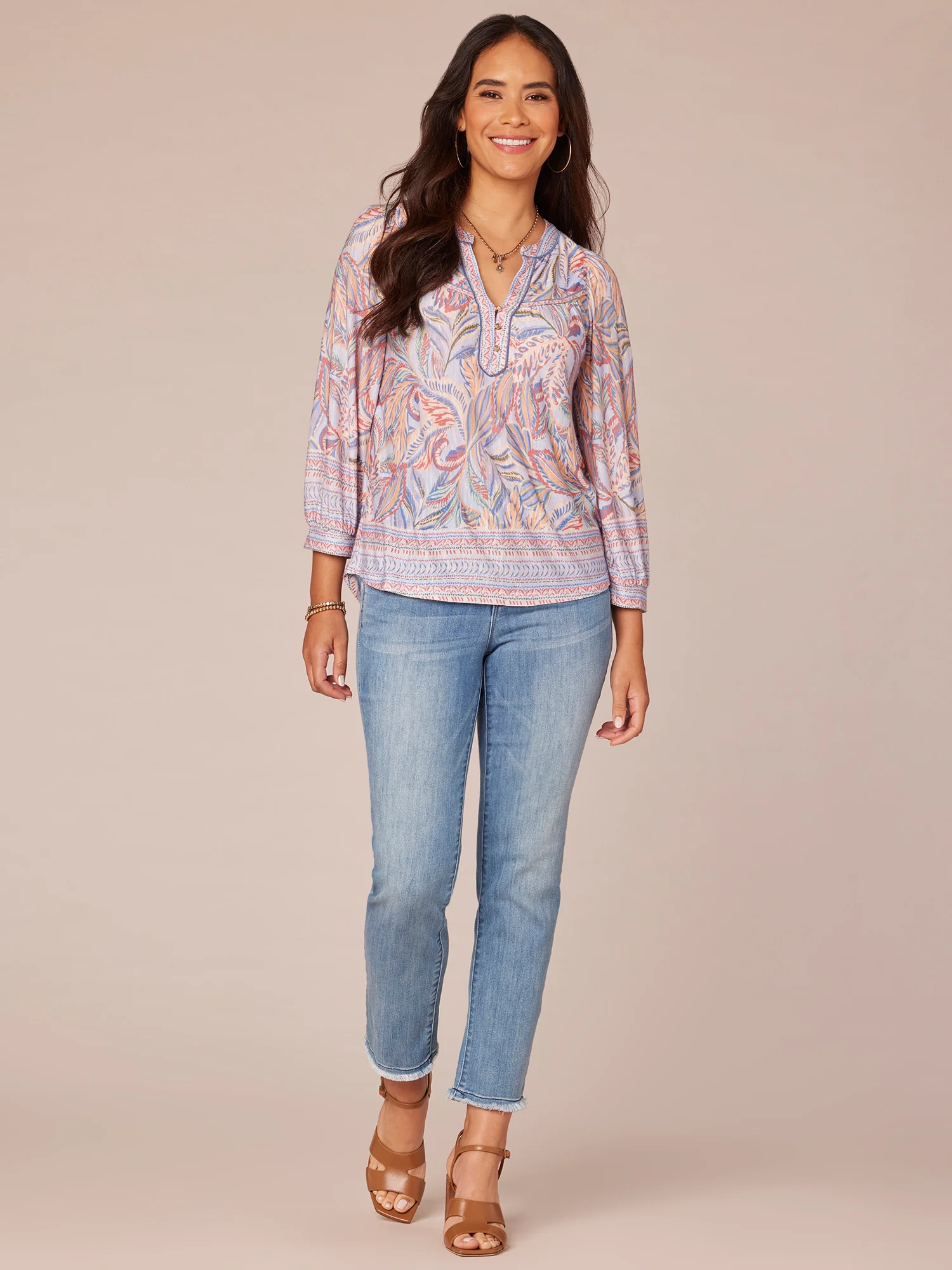 Three Quarter Blouson Sleeve Split Neck Border Print Knit Top - Legahigh