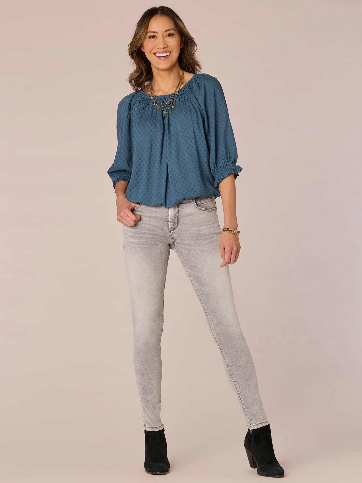 Elbow Ruffle Edge Sleeve Scoop Neck Bubble Hem Petite Woven Top - Legahigh