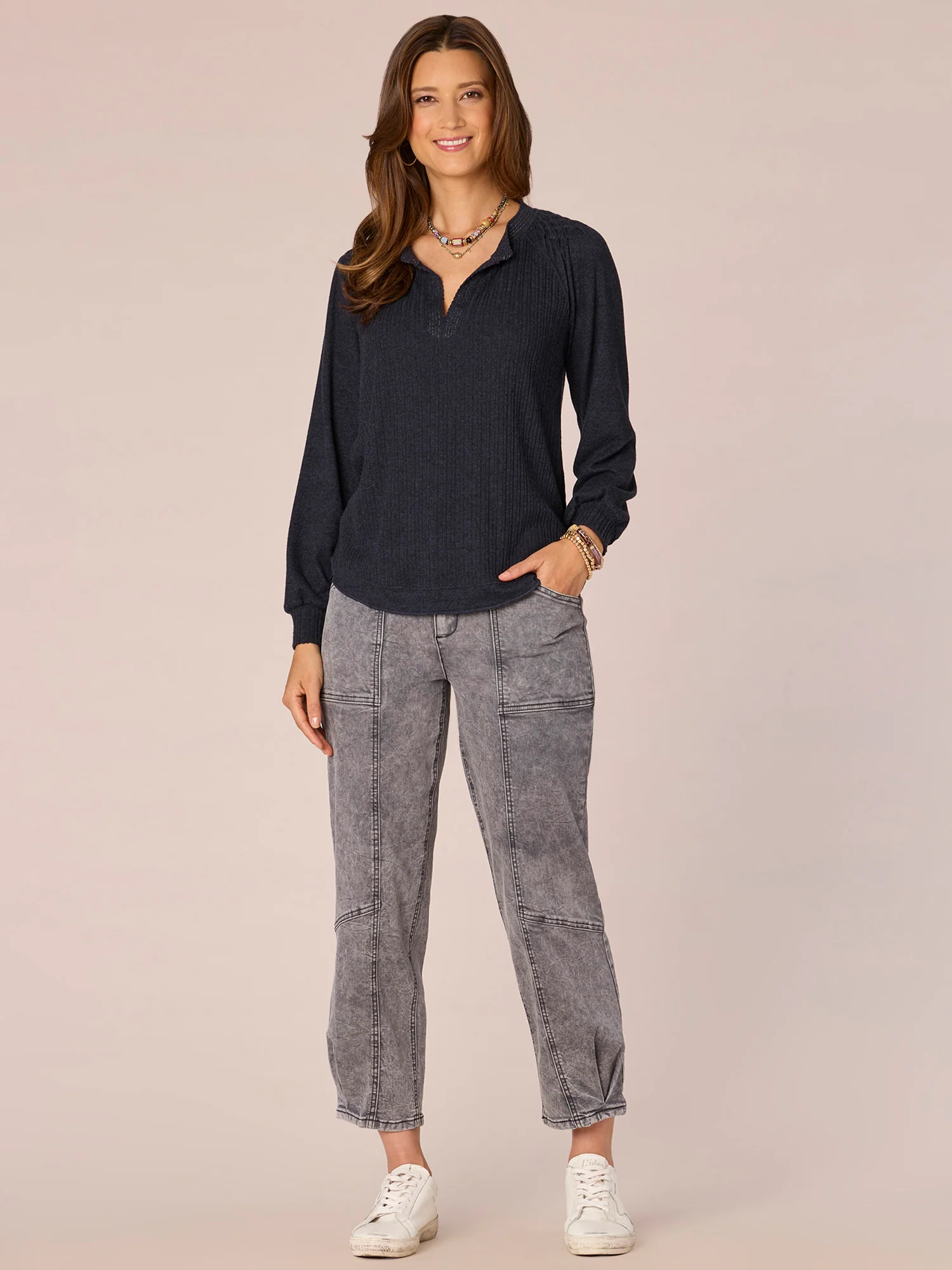 Long Smocked Blouson Sleeve Mandarin Collar Half Placket Knit Top - Legahigh