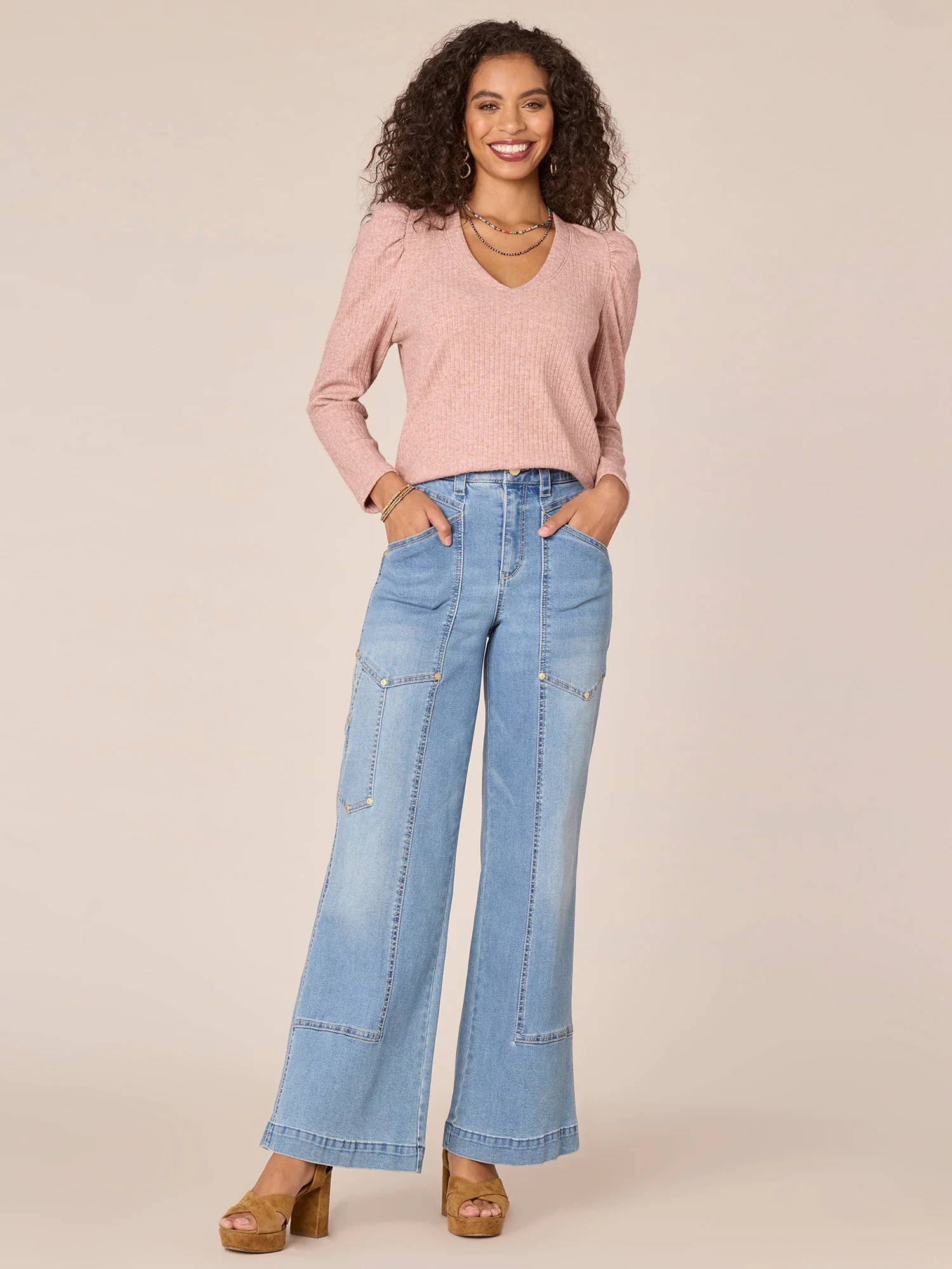 Long Puff Shoulder Sleeve V-Neck Surplus Shirttail Hem Knit Top - Legahigh