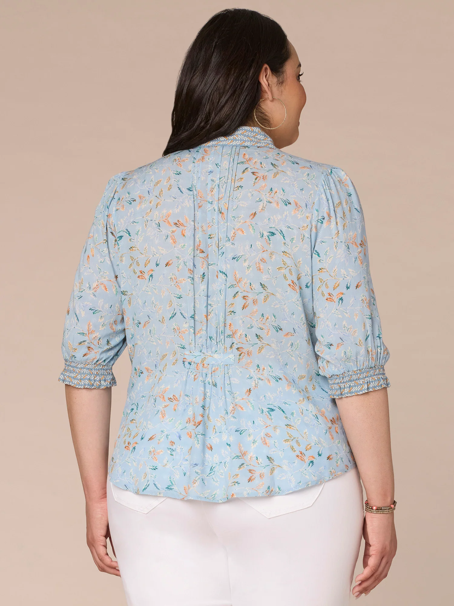 Elbow Sleeve Button Front Abstract Print Plus Size Woven Shirt - Legahigh