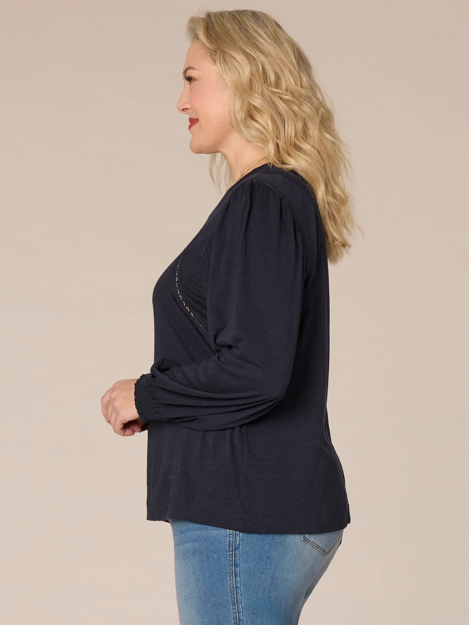 Long Puff Sleeve Crew Neck Ladder Crochet Detail Plus Size Knit Top - Legahigh