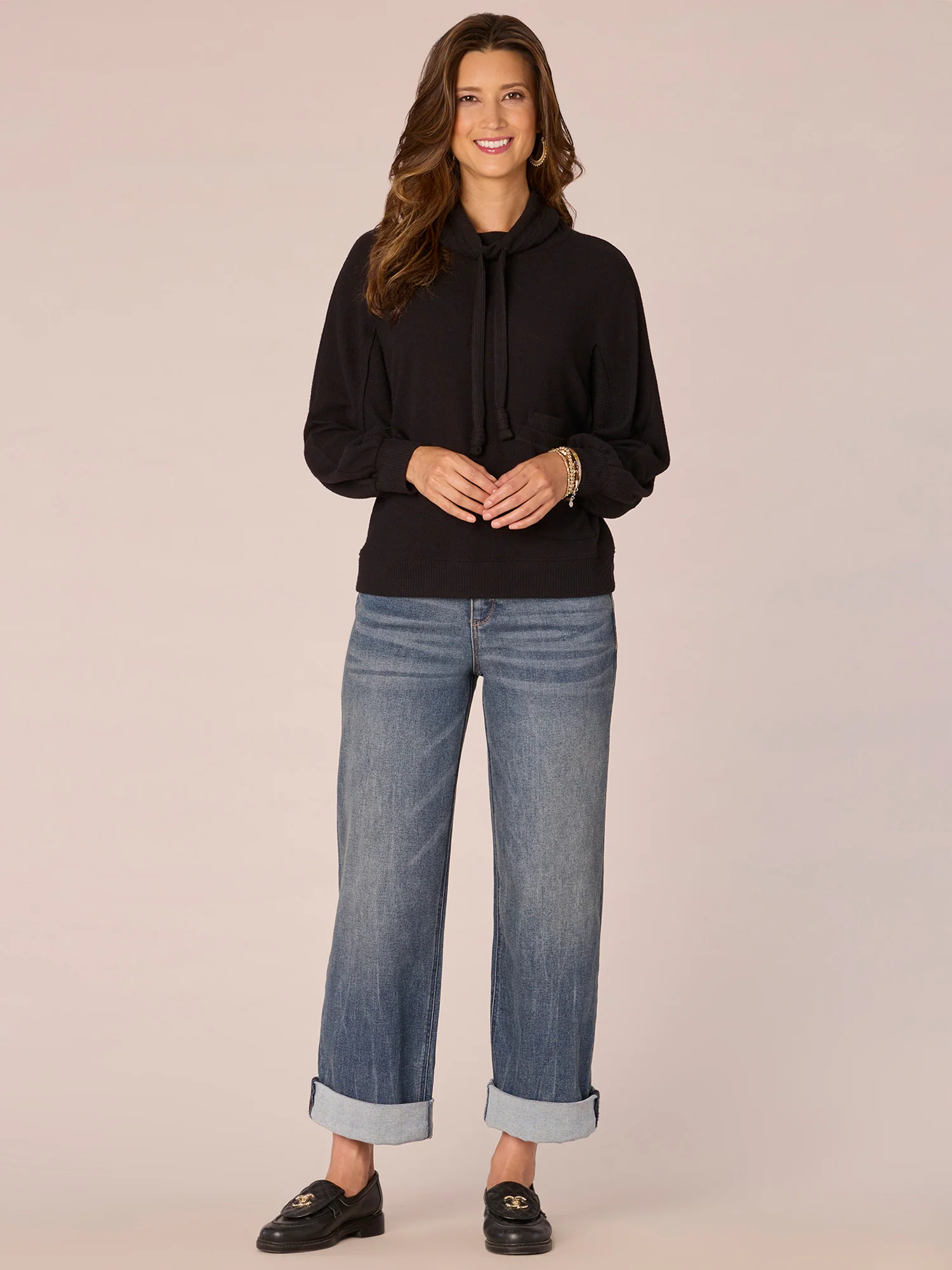 Long Blouson Sleeve Funnel Neck Double Pocket Knit Top with Ties - Legahigh