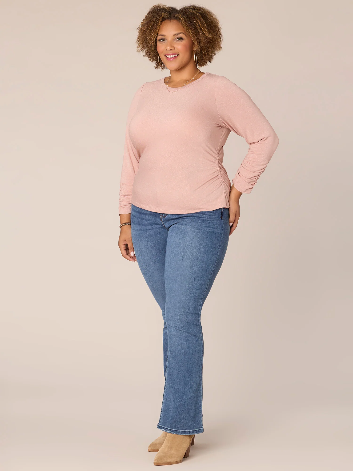 Three Quarter Ruched Sleeve Scoop Neck Plus Size Knit Top - Legahigh