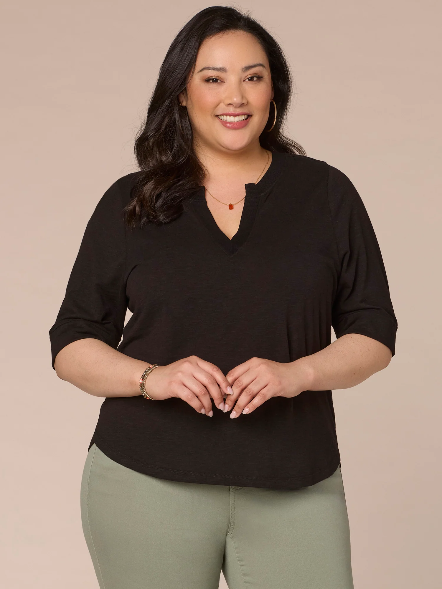 Roll Cuff Sleeve Round Split V-Neck Surplus Hem Plus Size Knit Top - Legahigh