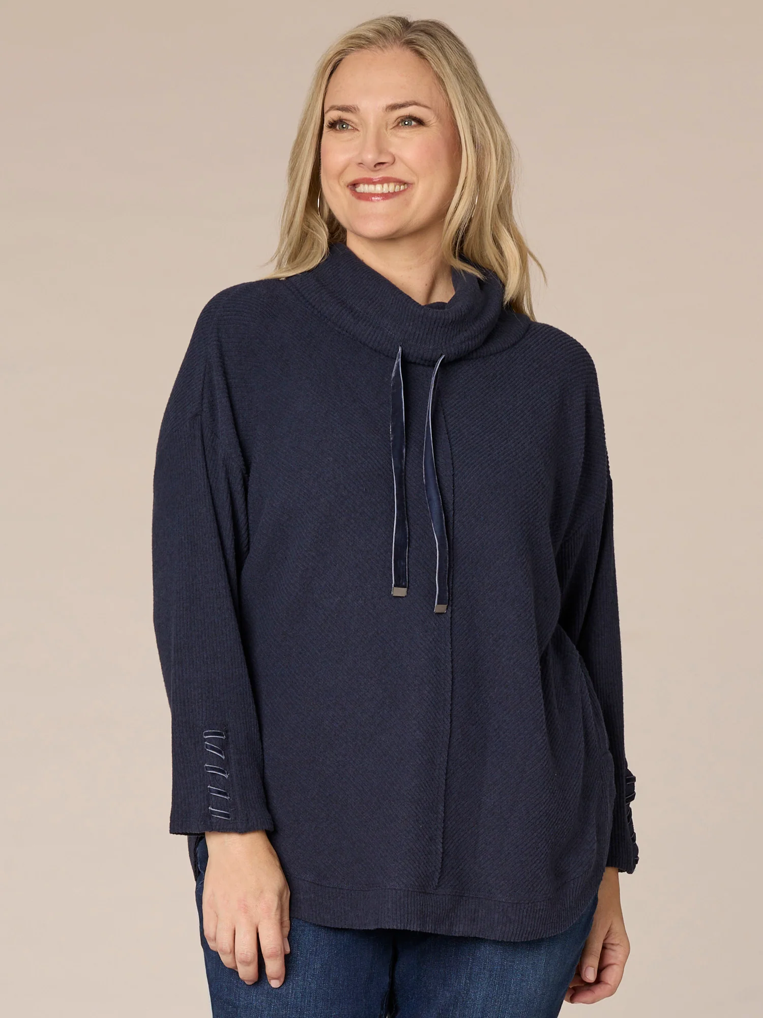 Long Sleeve Cowl Neck Mitered Front Plus Size Knit Tunic with Ties - Legahigh