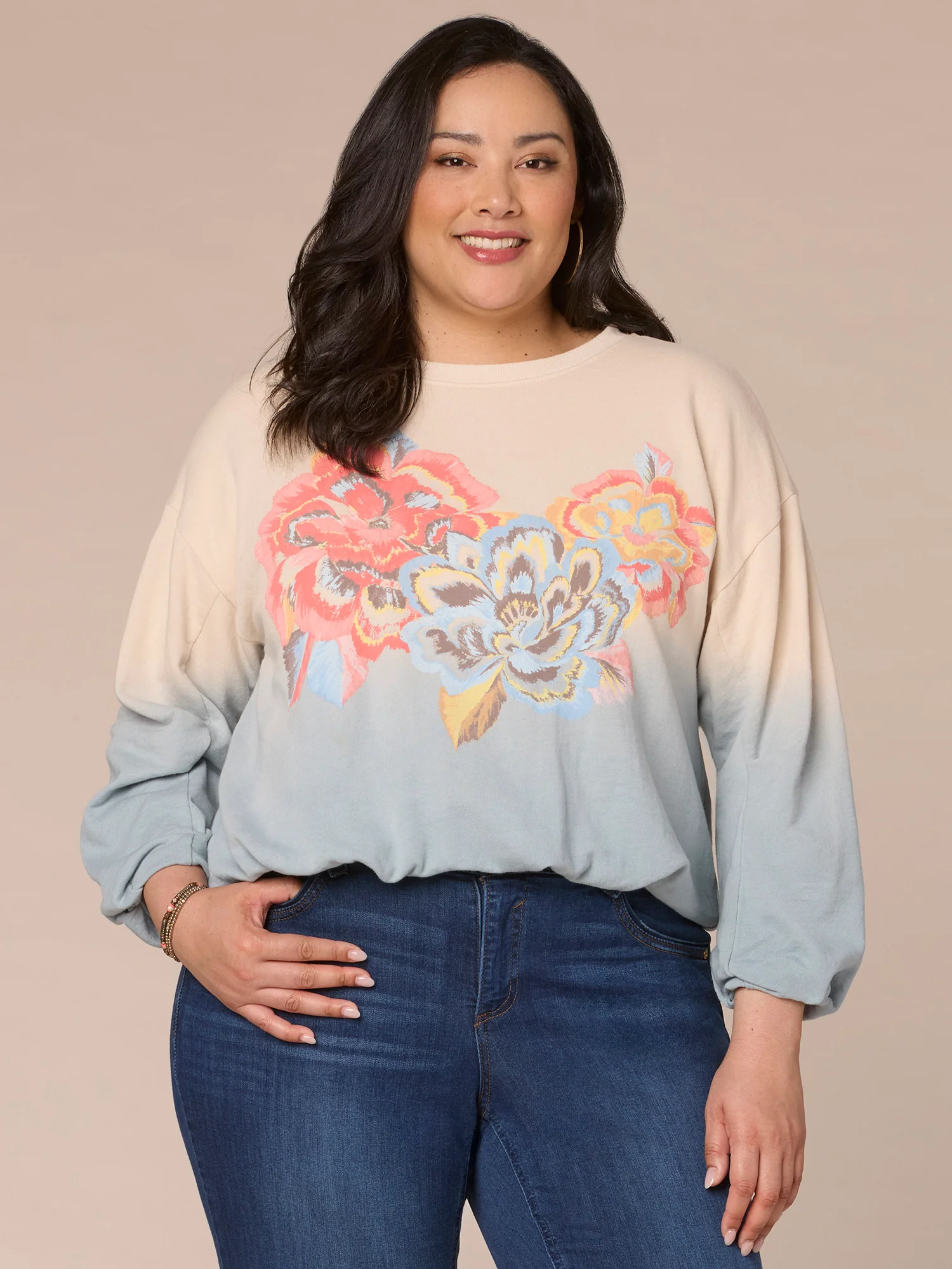 Long Sleeve Crew Neck Dip Dye Screen Print Plus Size Knit Sweatshirt - Legahigh