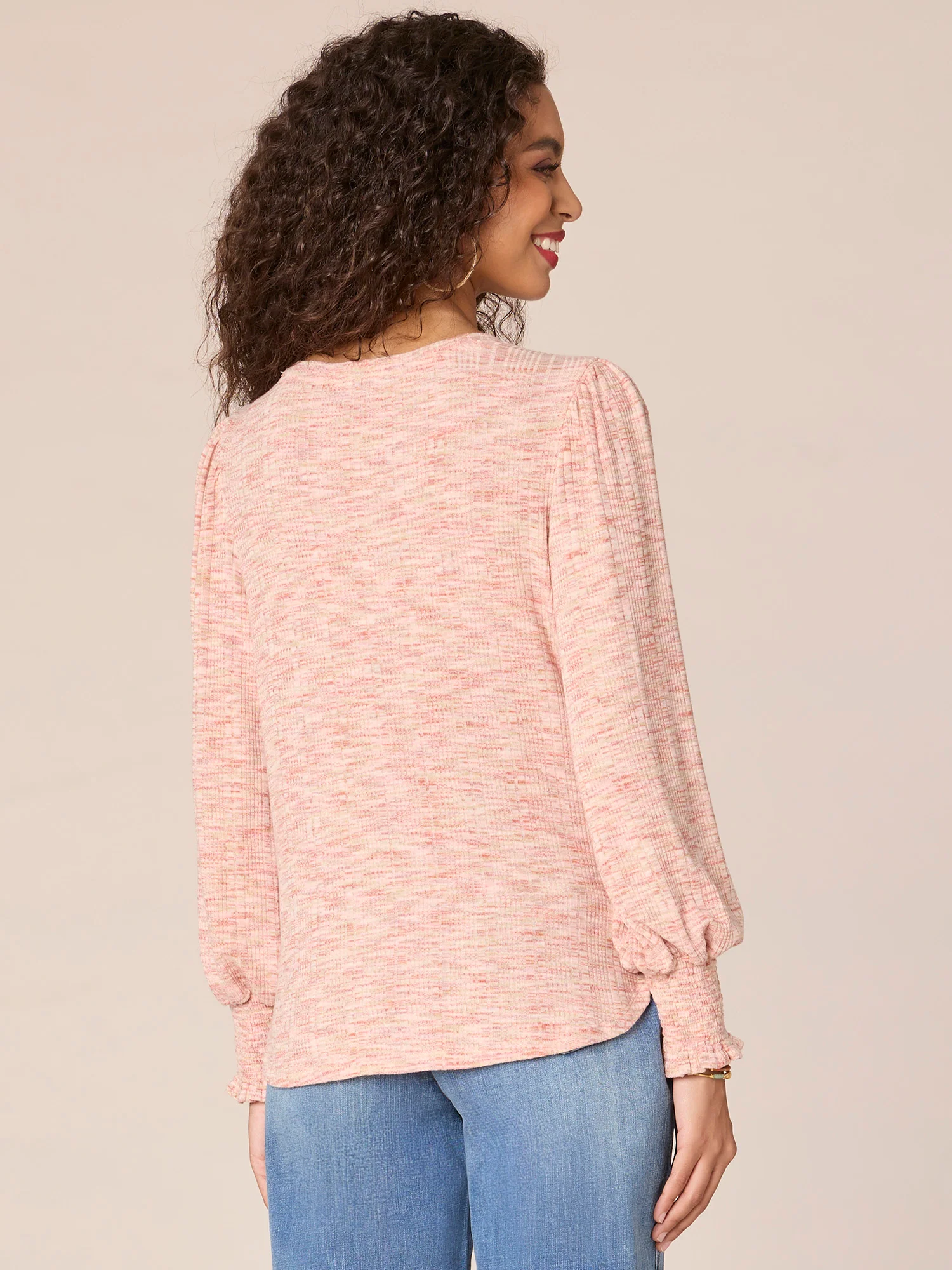Long Smocked Blouson Sleeve V-Neck Twist Hem Knit Top - Legahigh