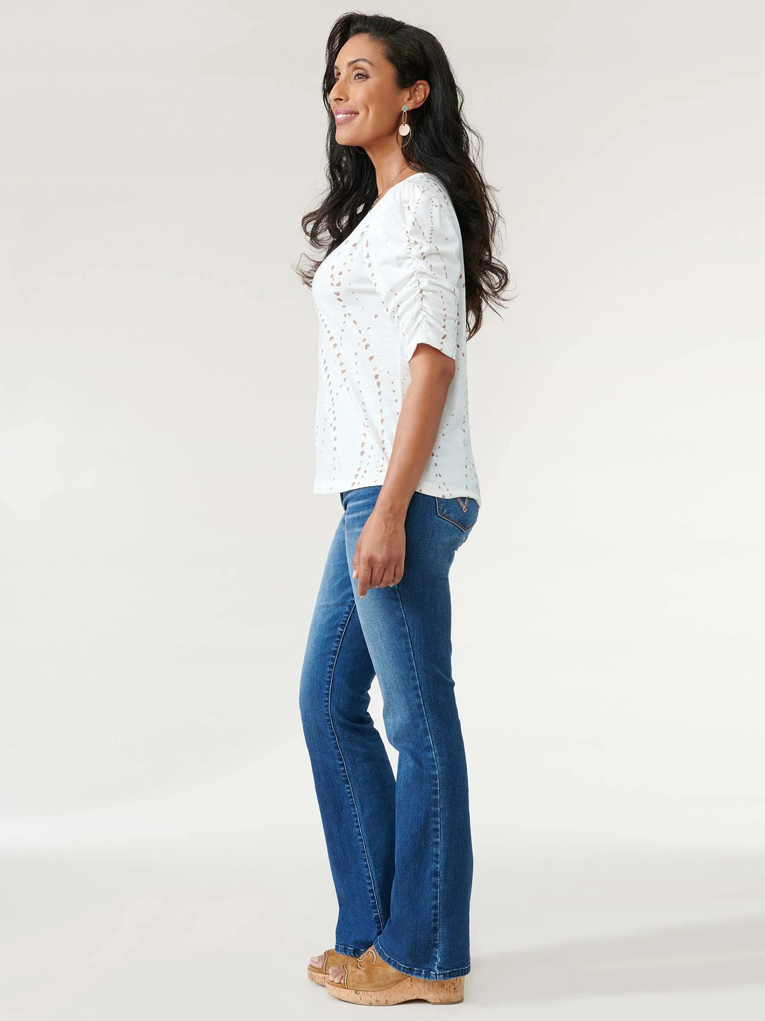 Ruched Elbow Sleeve Scoop Neck Dot Print Knit Top - Legahigh