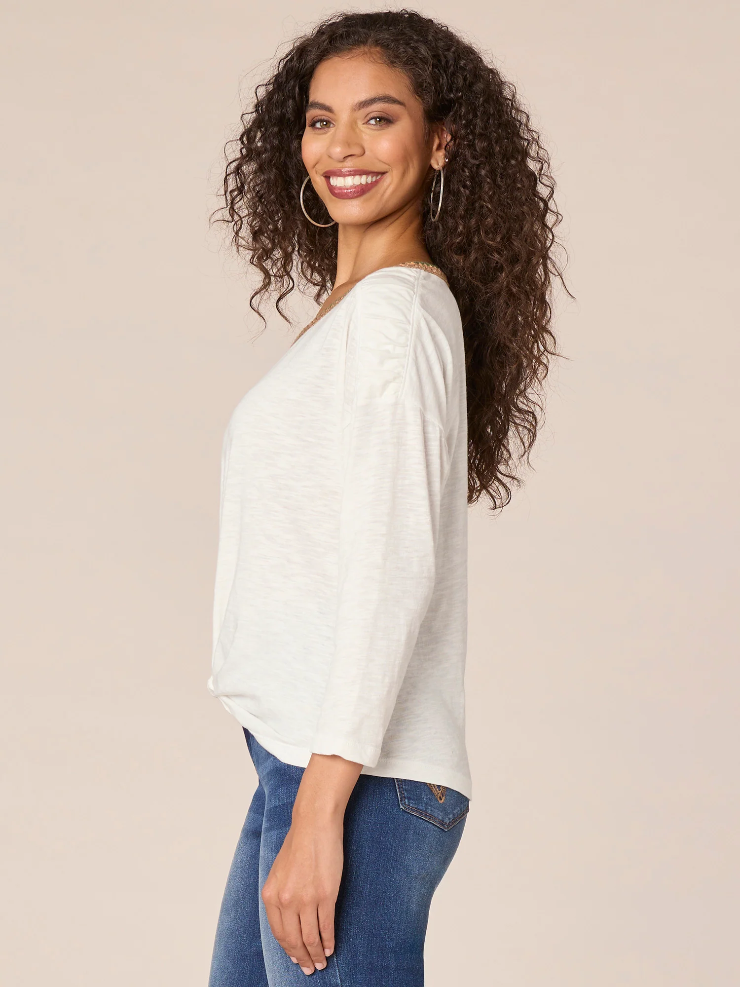 Three Quarter Sleeve Crochet Scoop Neck Knot Hem Ringer Knit Top - Legahigh