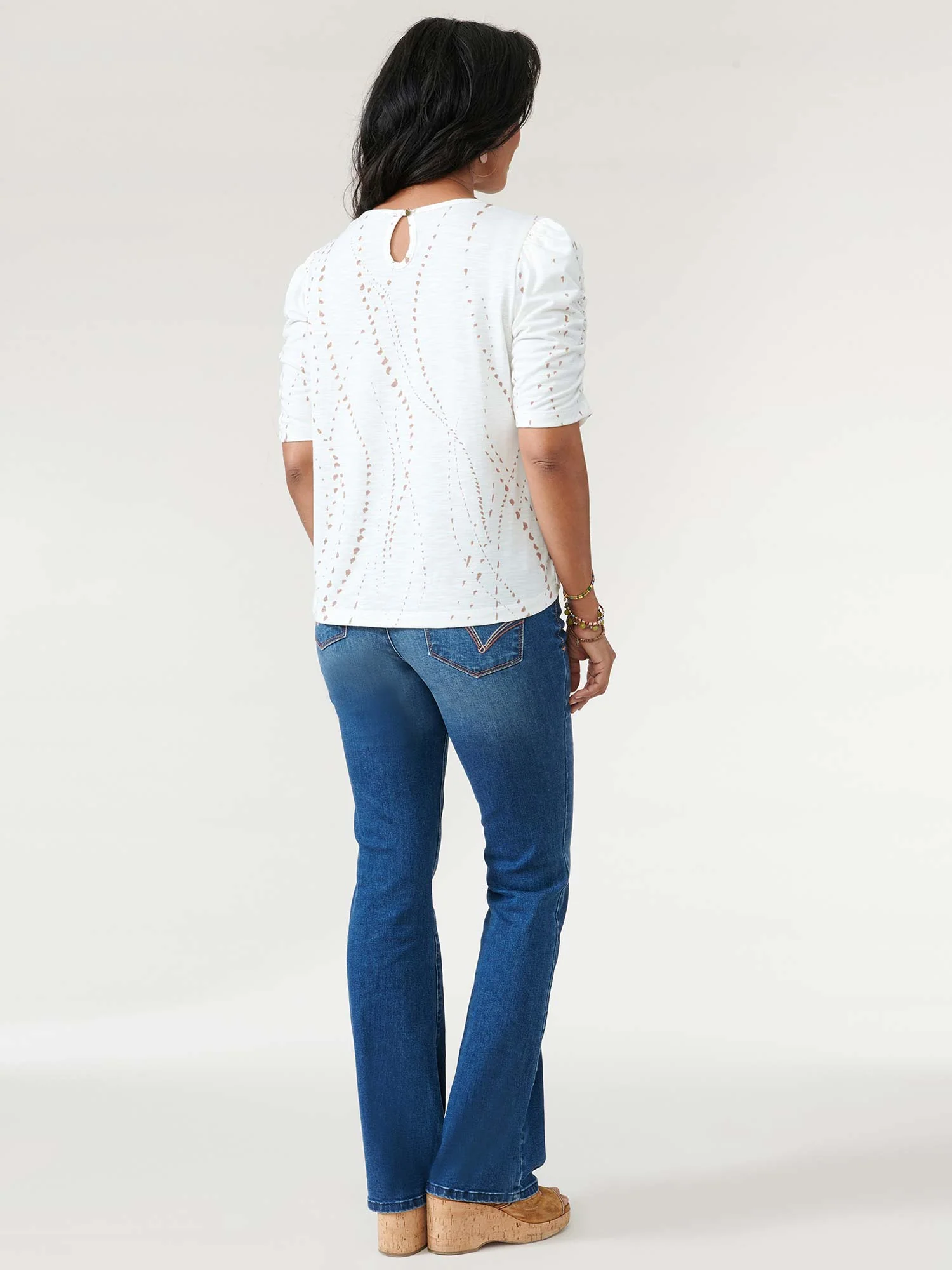 Ruched Elbow Sleeve Scoop Neck Dot Print Knit Top - Legahigh