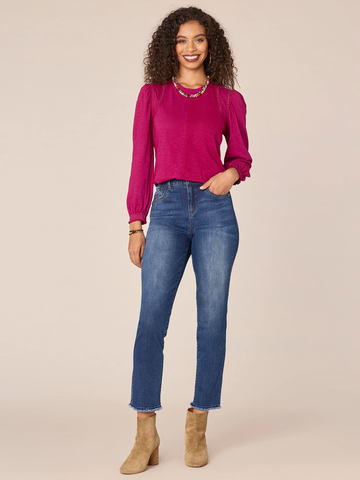 Long Puff Ruffle Sleeve Crew Neck Ladder Crochet Knit Top - Legahigh