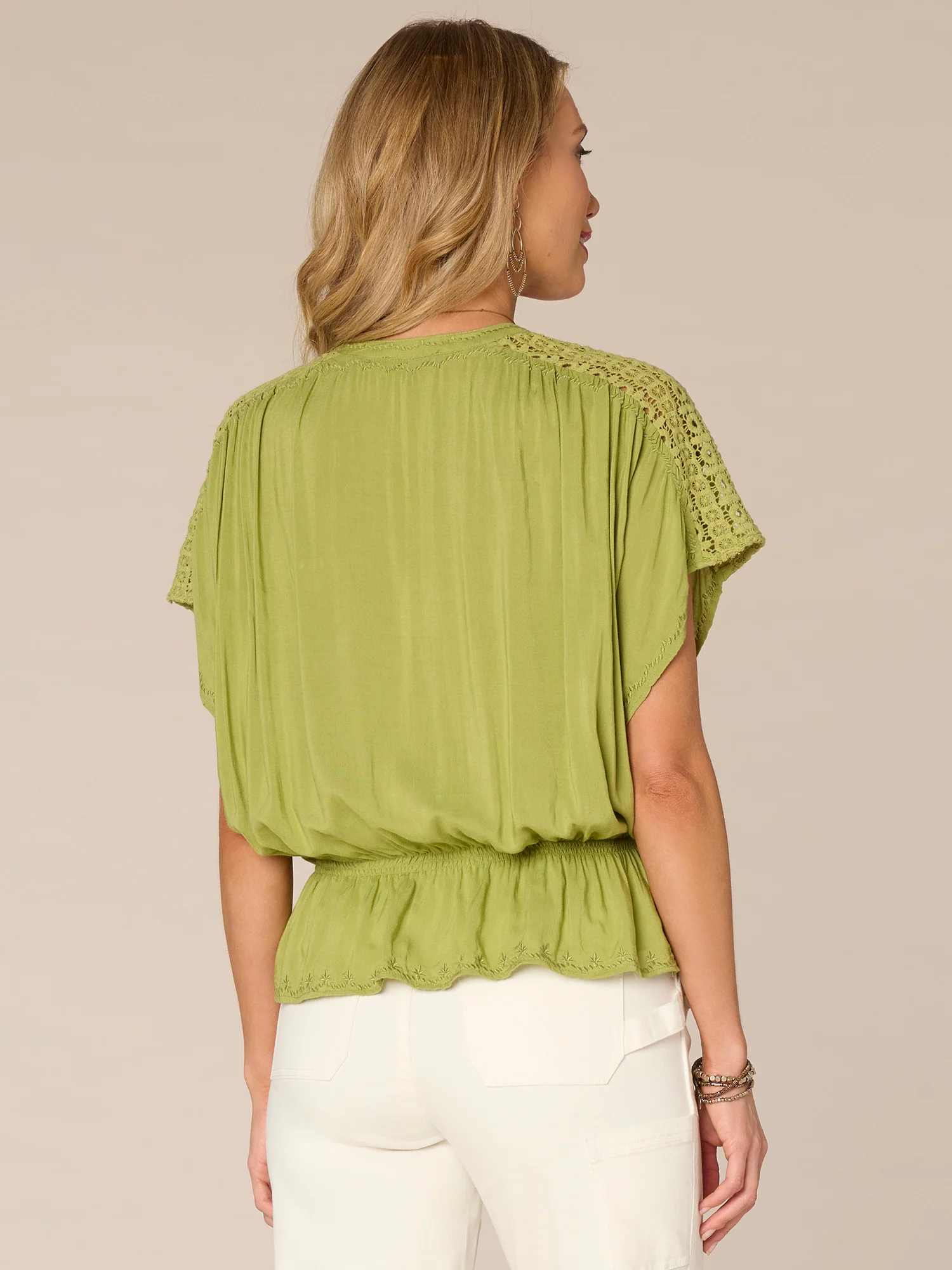 Short Sleeve Crochet Shoulder Stand Collar Peplum Hem Woven Top - Legahigh