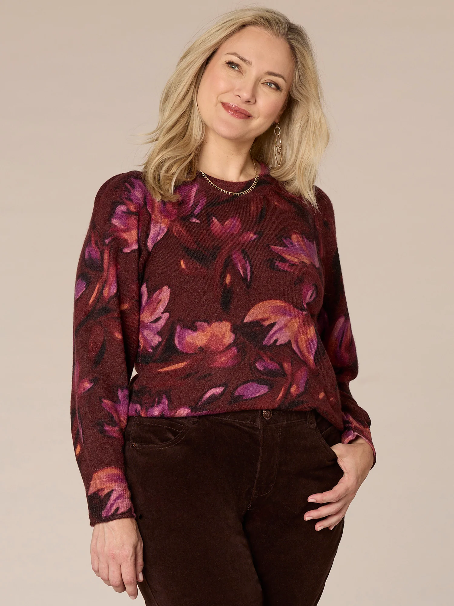 Puff Sleeve Round Neck Abstract Floral Printed Plus Size Sweater - Legahigh