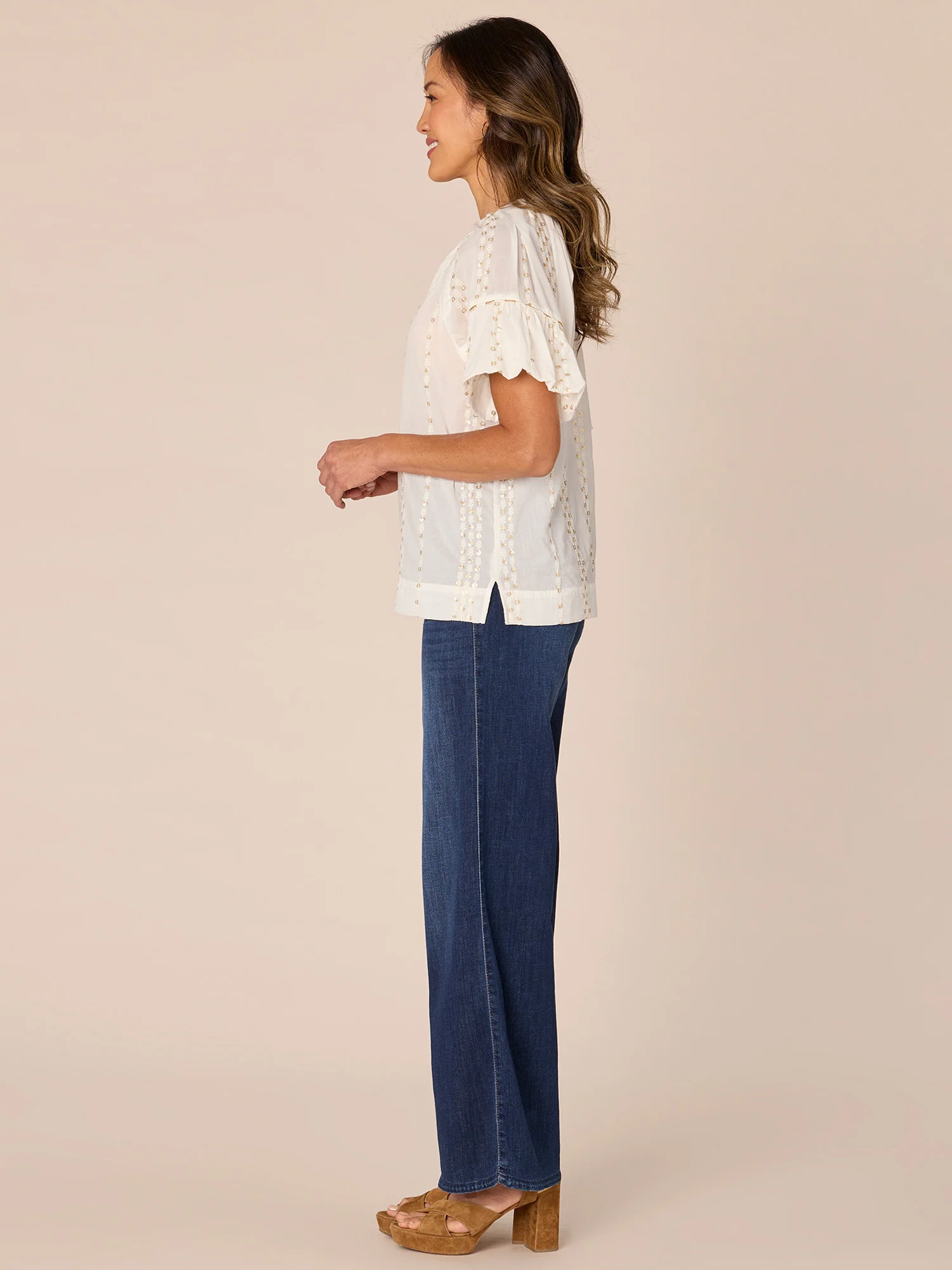 Bubble Sleeve Spliced V-Neck Embroidered Placket Petite Woven Top - Legahigh