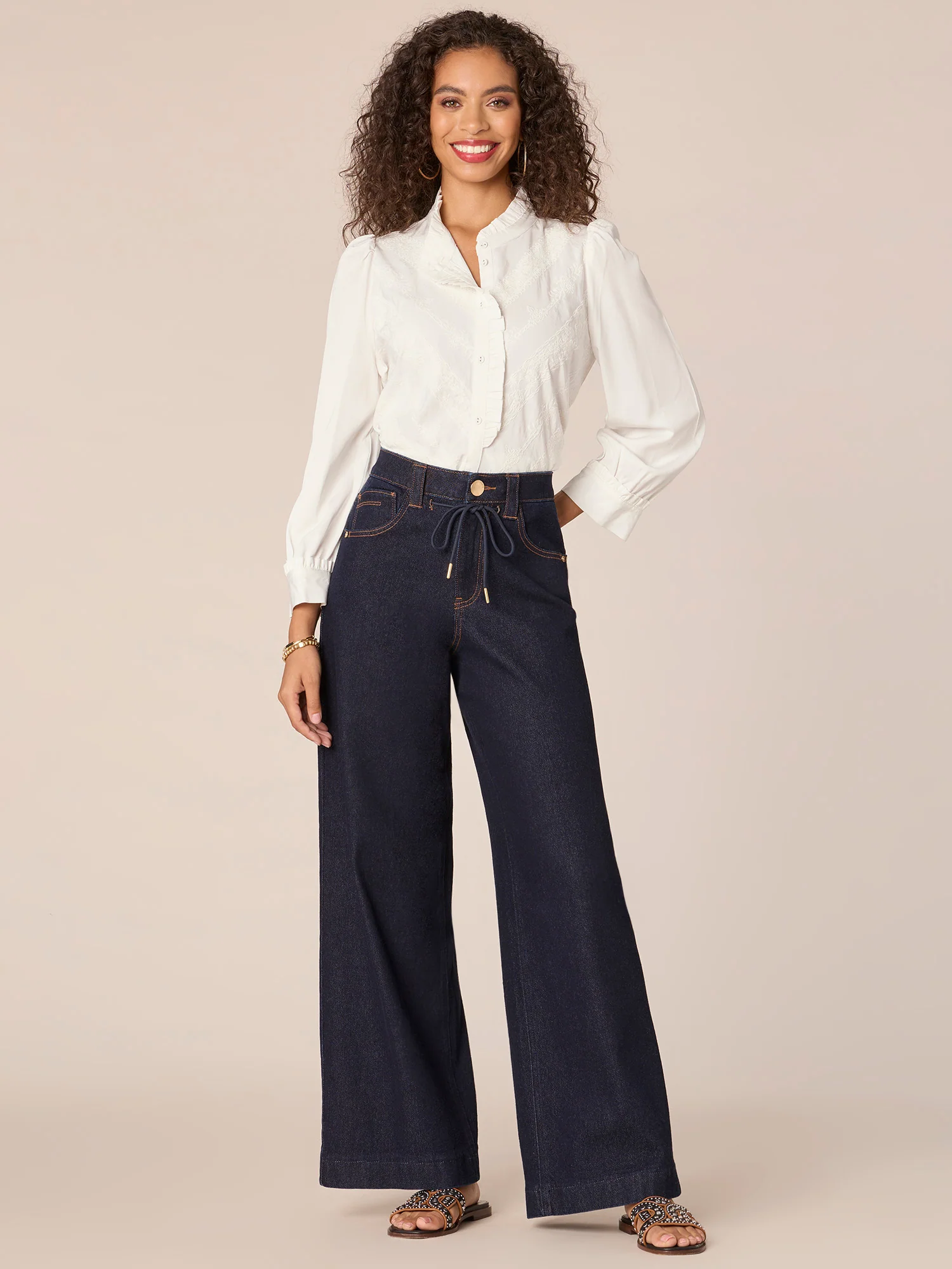 Three Quarter Puff Sleeve Stand Collar Cascading Ruffle Woven Top - Legahigh