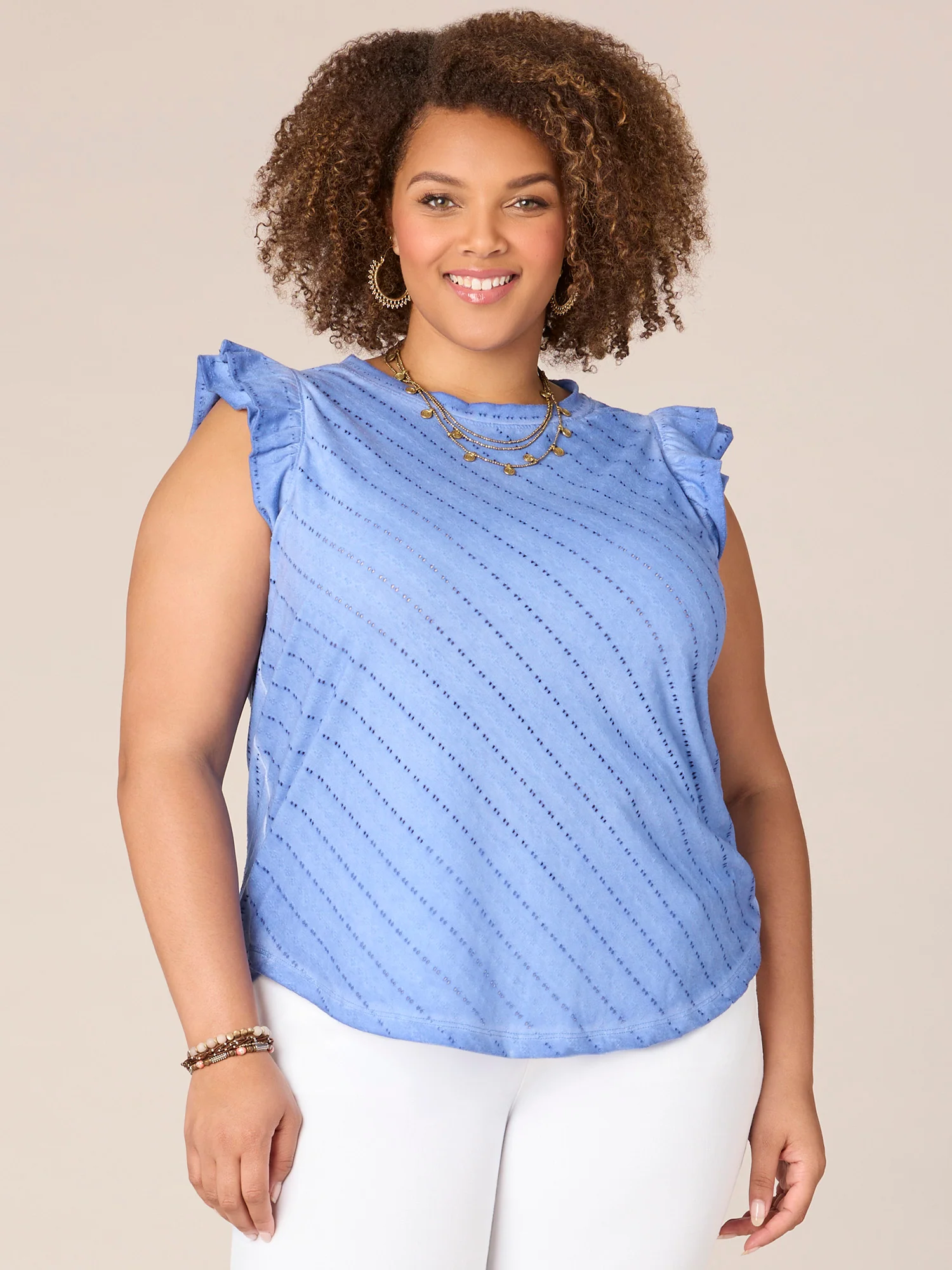 Double Ruffle Cap Sleeve Crew Neck Surplus Hem Plus Size Knit Top - Legahigh