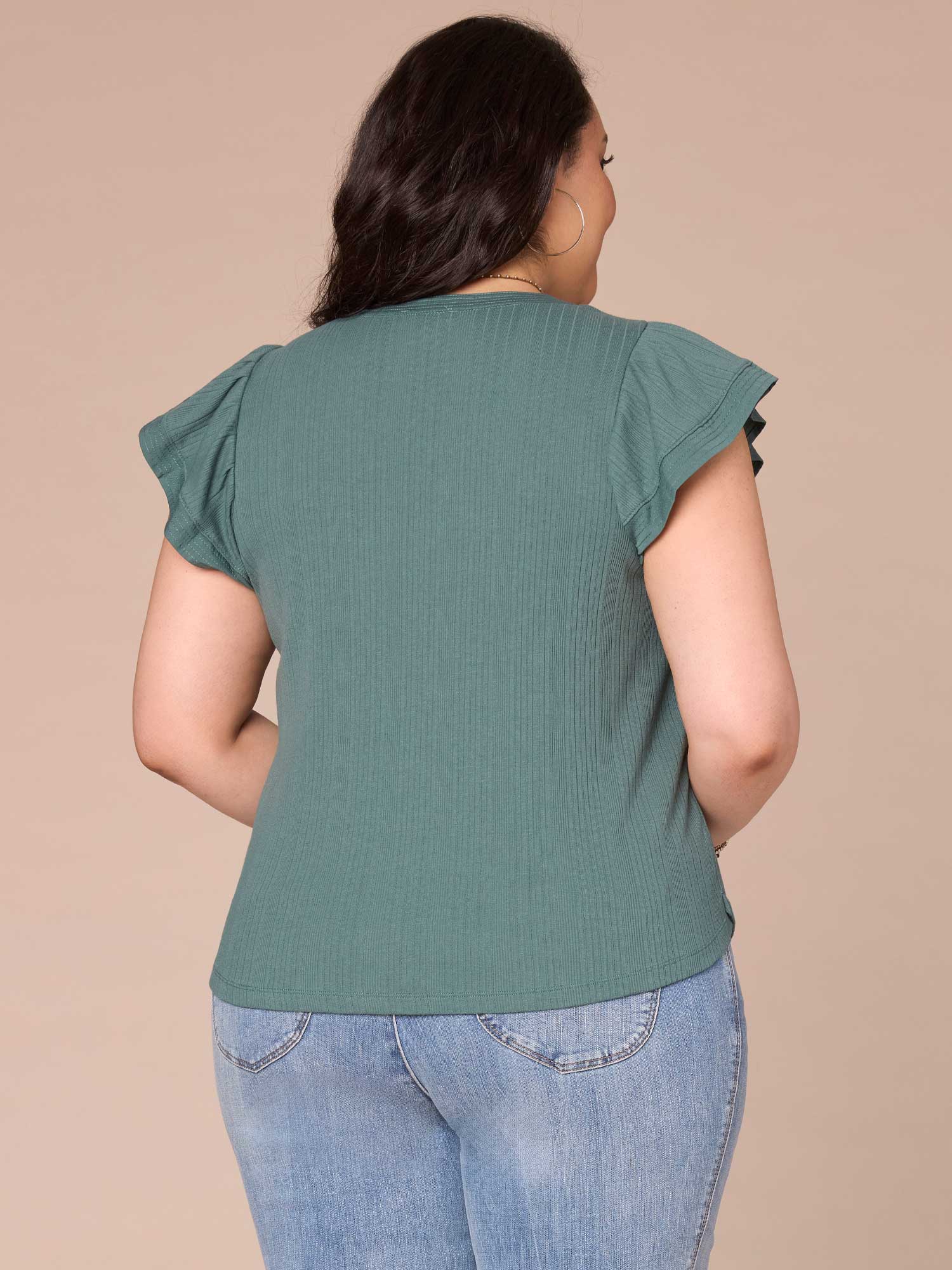 Flutter Cap Sleeve Round Split Neck Mixed Media Plus Size Knit Top - Legahigh