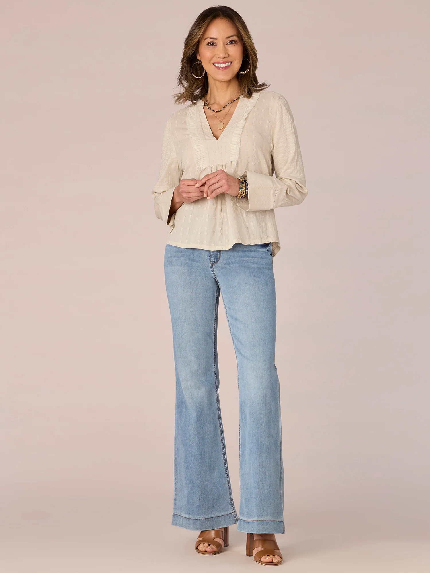 Long Sleeve Split V-Neck Pleat Edge Placket Embroidered Woven Top - Legahigh