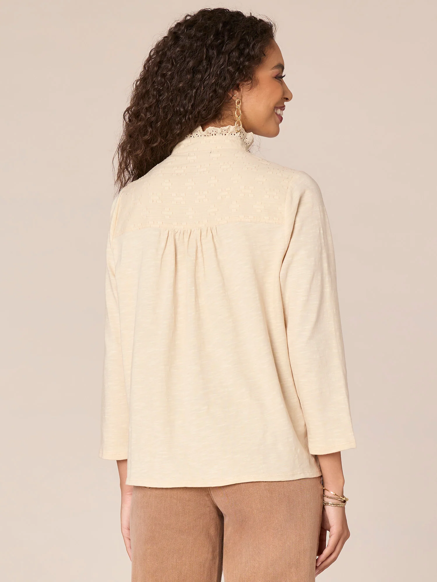 Three Quarter Sleeve Ruffle Button Placket Mixed Media Woven Shirt - Legahigh