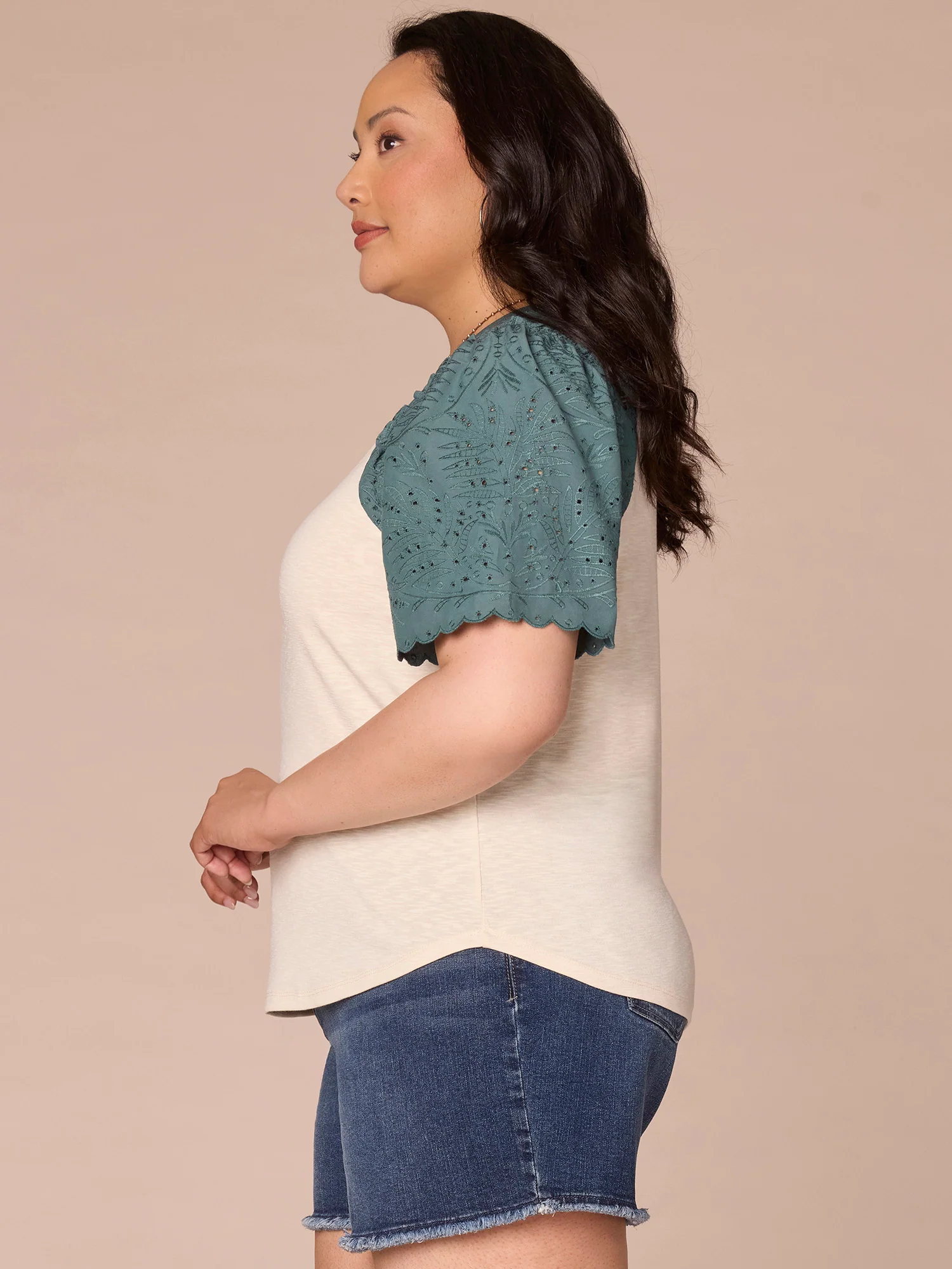 Puff Sleeve Scoop Neck Embroidered Yoke Plus Size Knit Top - Legahigh