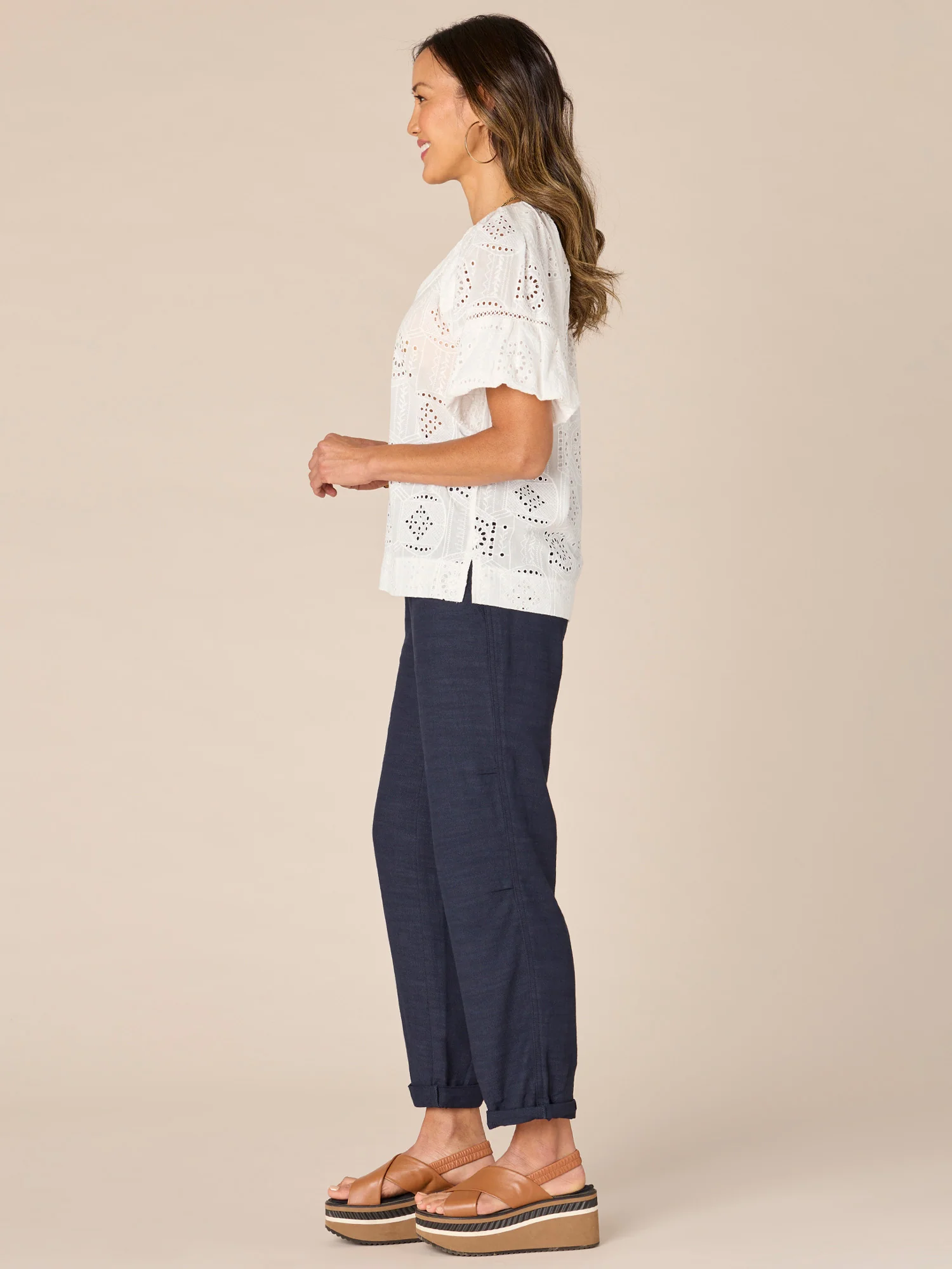 Short Bubble Sleeve Spliced V-Neck Embroidered Woven Top - Legahigh