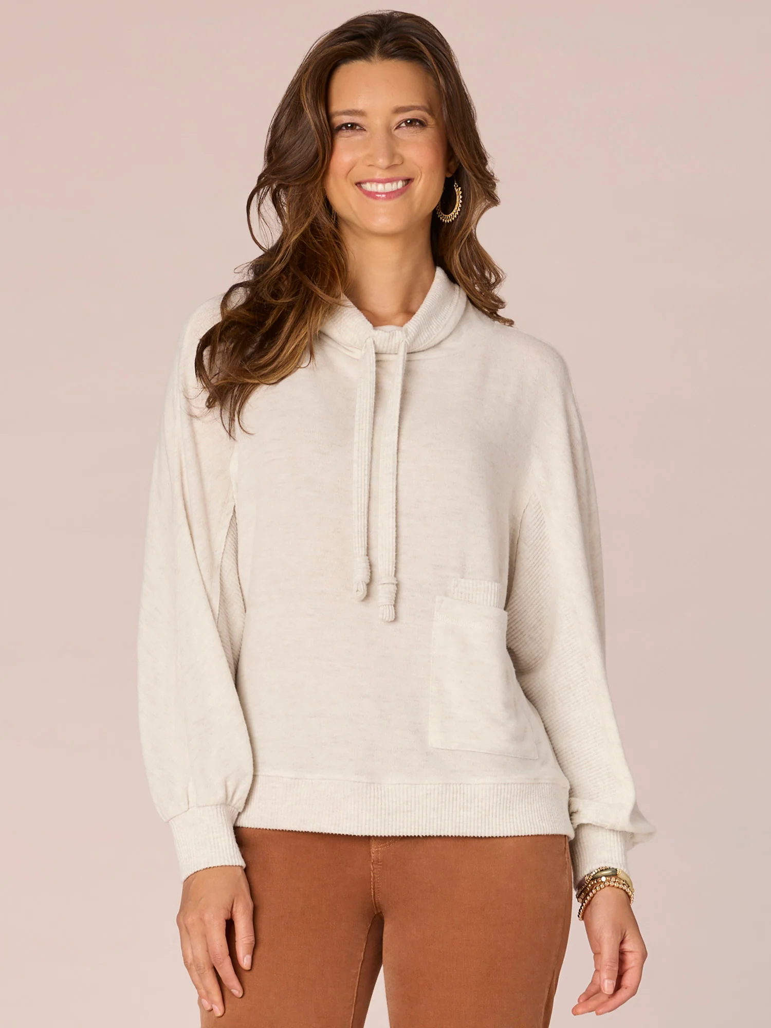 Long Blouson Sleeve Funnel Neck Double Pocket Knit Top with Ties - Legahigh