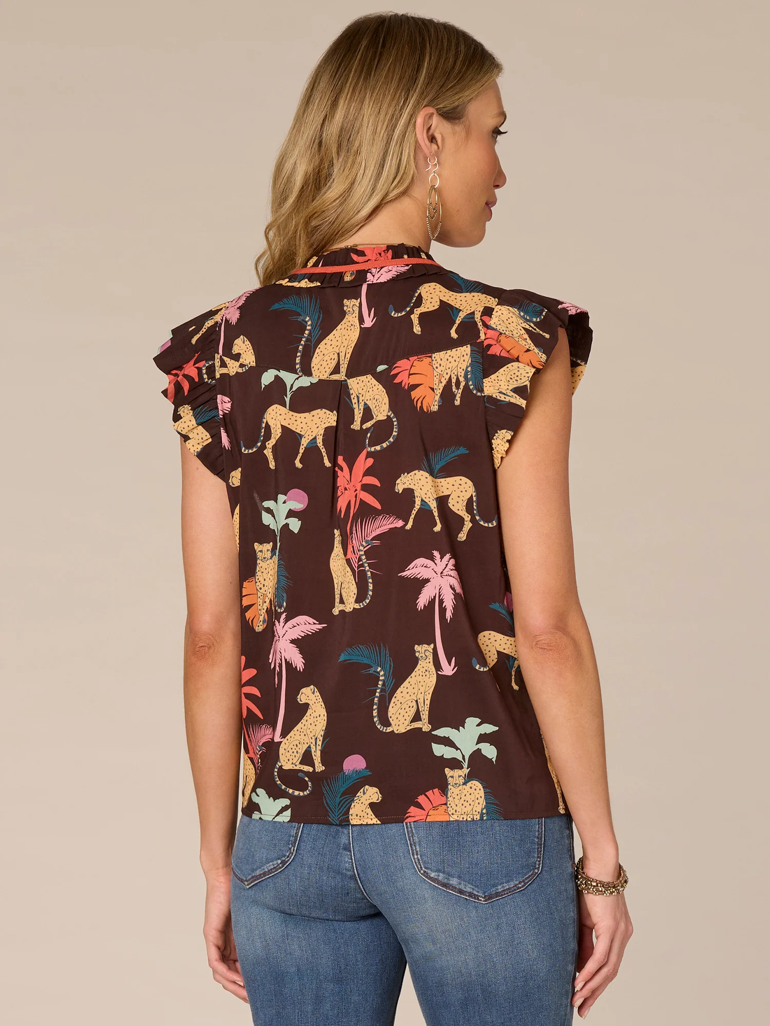 Flutter Cap Sleeve Ruffle Split Neck Printed Woven Top - Legahigh